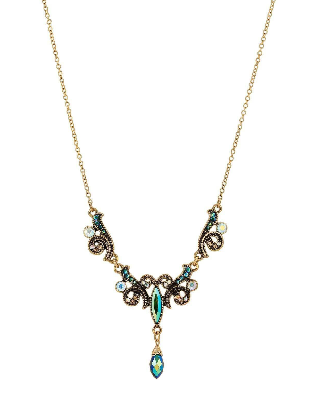 1928 Jewelry Peacock Plumage Art Nouveau Style Multi AB Glass Stone Drop Pendant Necklace 16" + 3" Extender