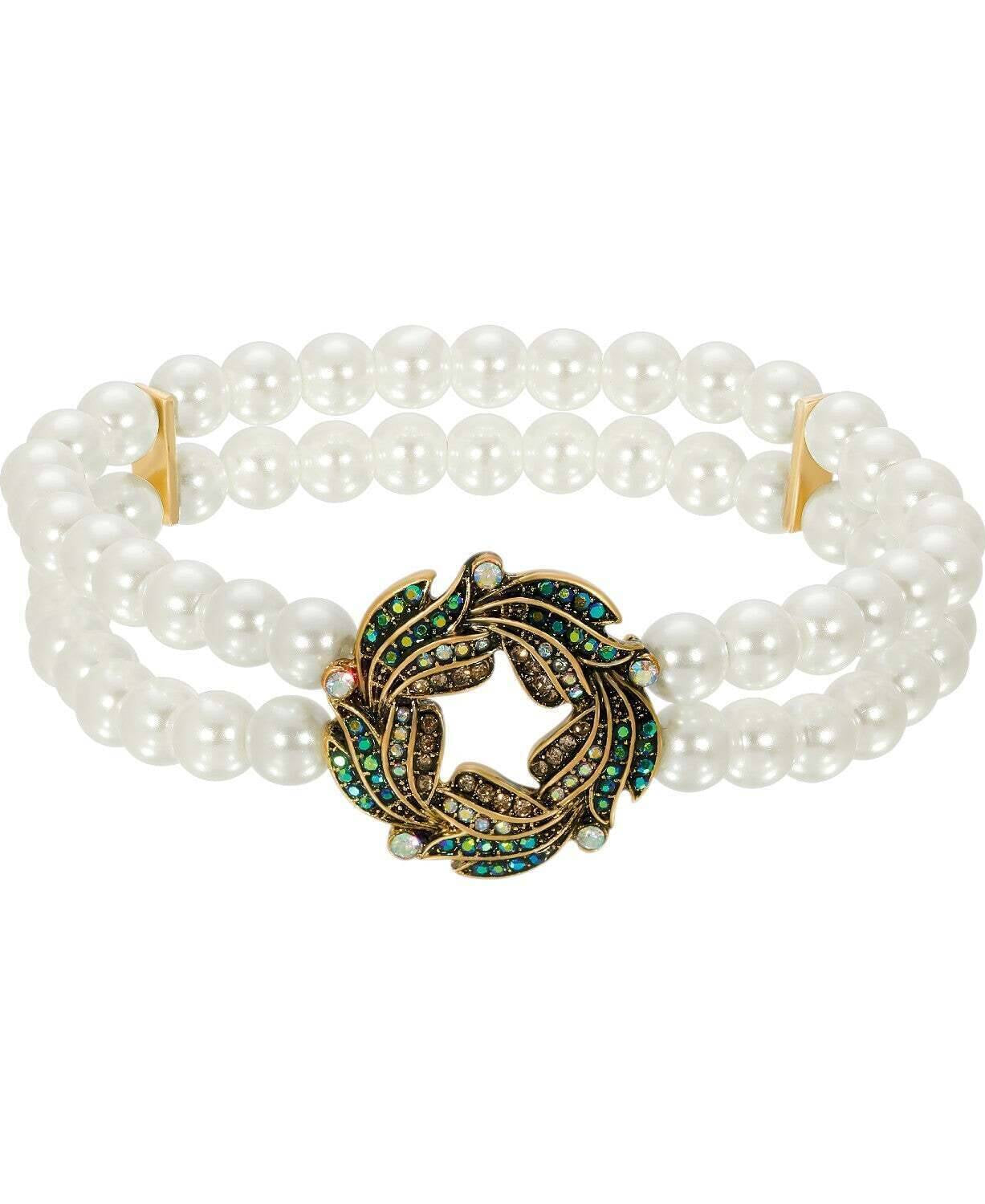 1928 Jewelry Peacock Plumage Blue Iridescent AB White Faux Pearl Wreath Bracelet