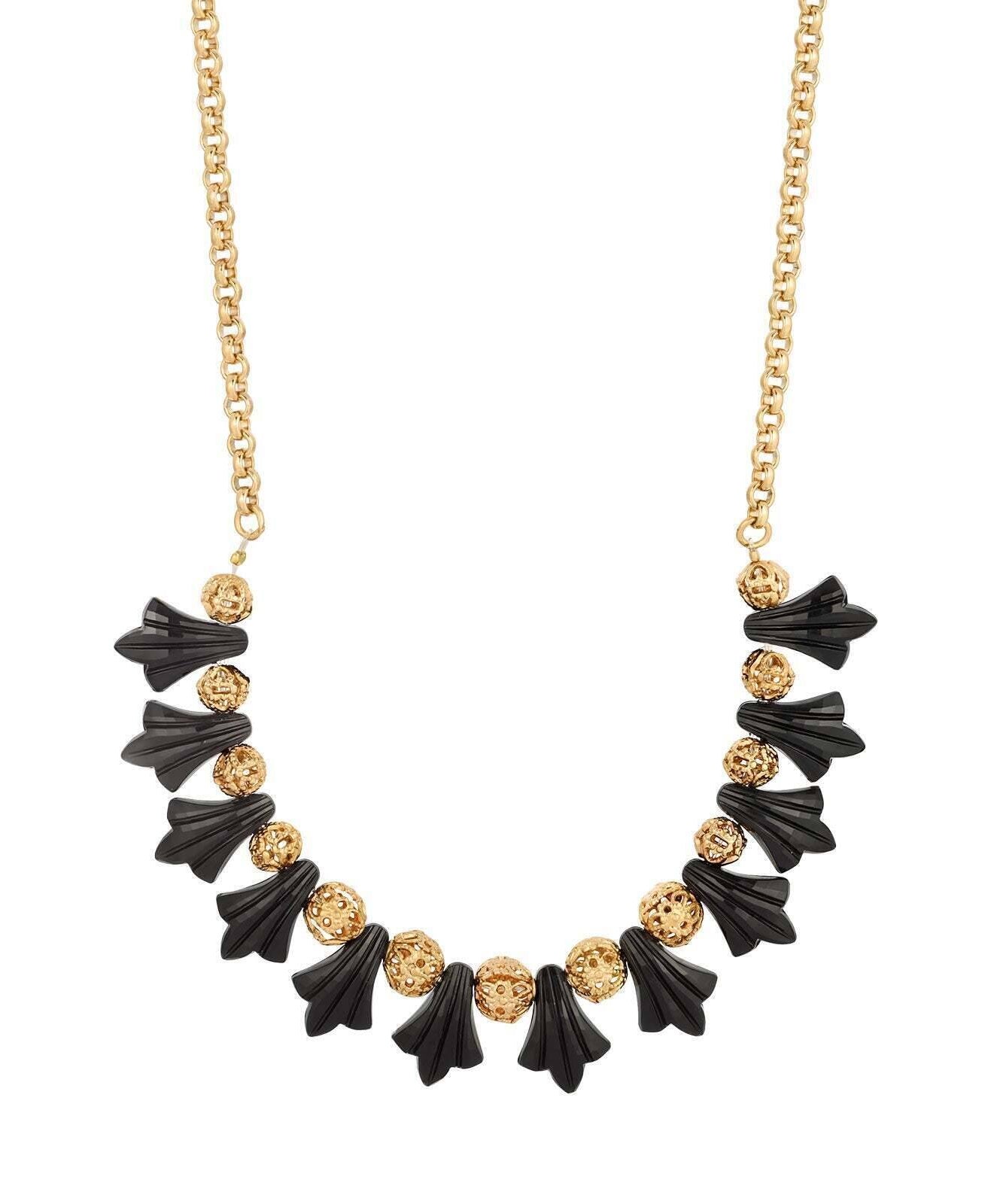 1928 Jewelry Black Tulip Flower Filigree Puff Bead Necklace 16" + 3" Extender