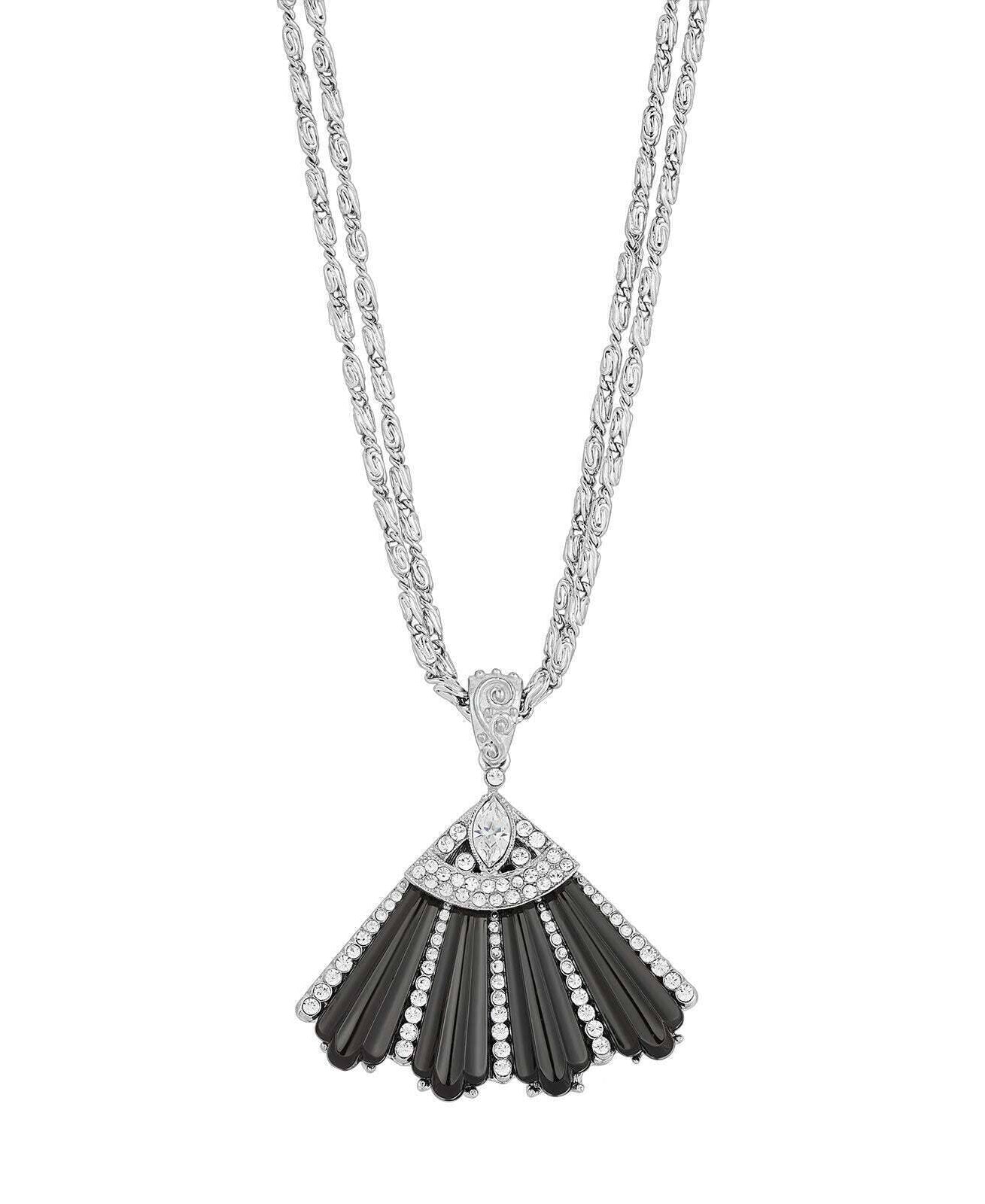 1928 Jewelry Deco Fantasy Black Stone & Crystal Fan Pendant Necklace 16" + 3" Extender