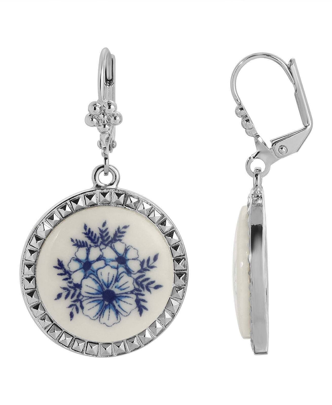 1928 Jewelry Blue Willow Round Ceramic Cabochon Stone Earrings