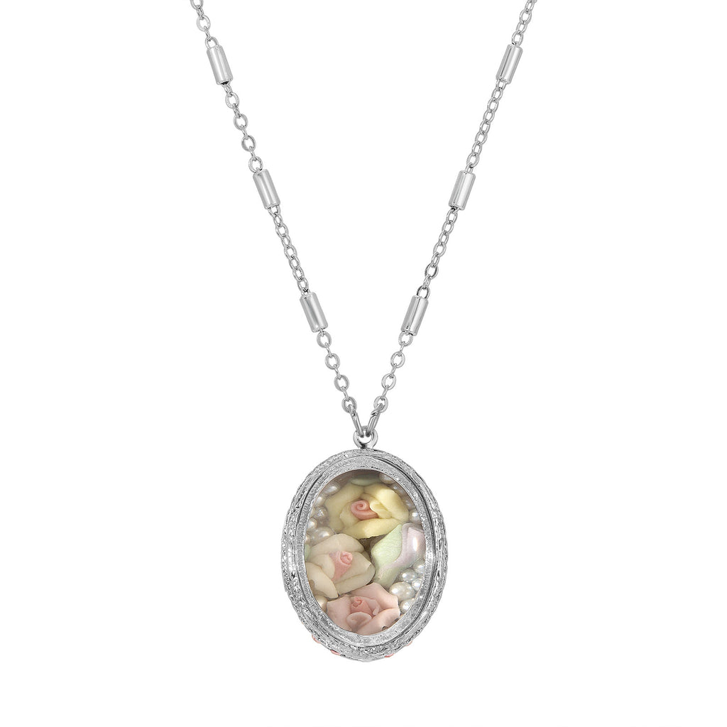 Oval Multicolor Porcelain Roses Pendant Necklace 30 Inches