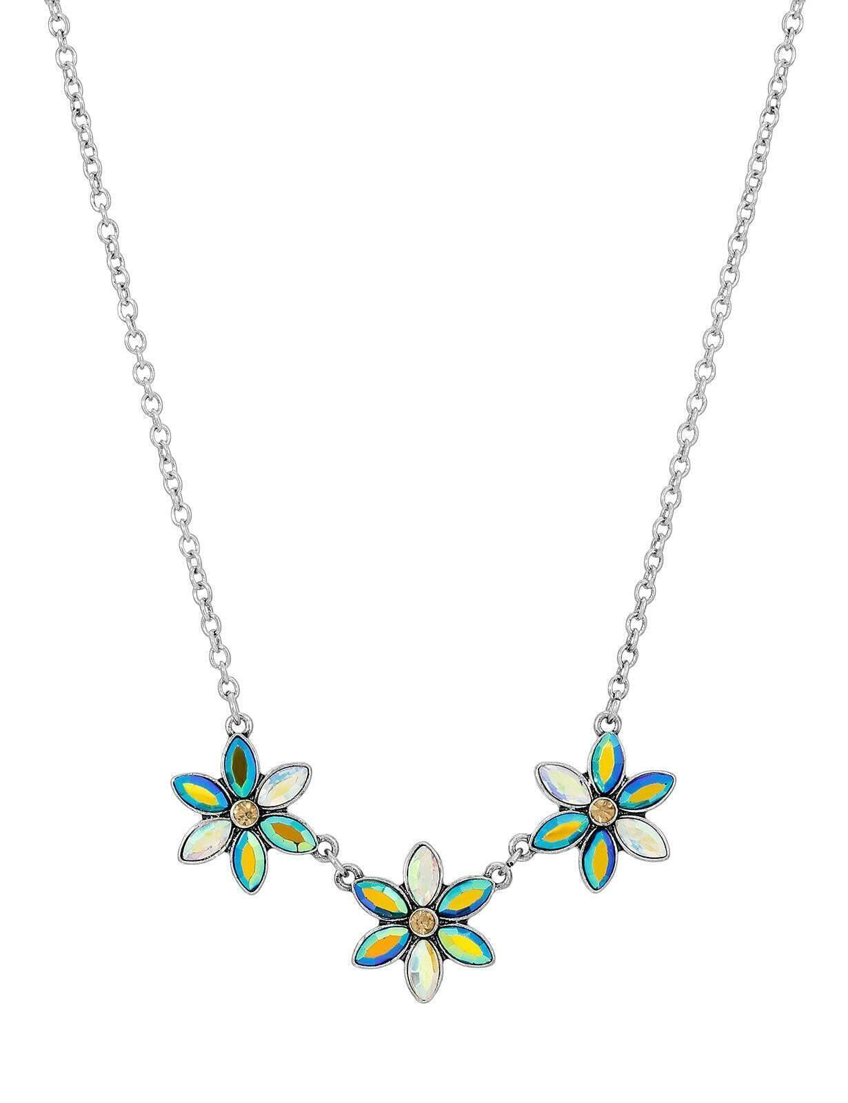 1928 Jewelry Peacock Plumage Blue Iridescent AB Glass Flower Necklace 16" + 3" Extender