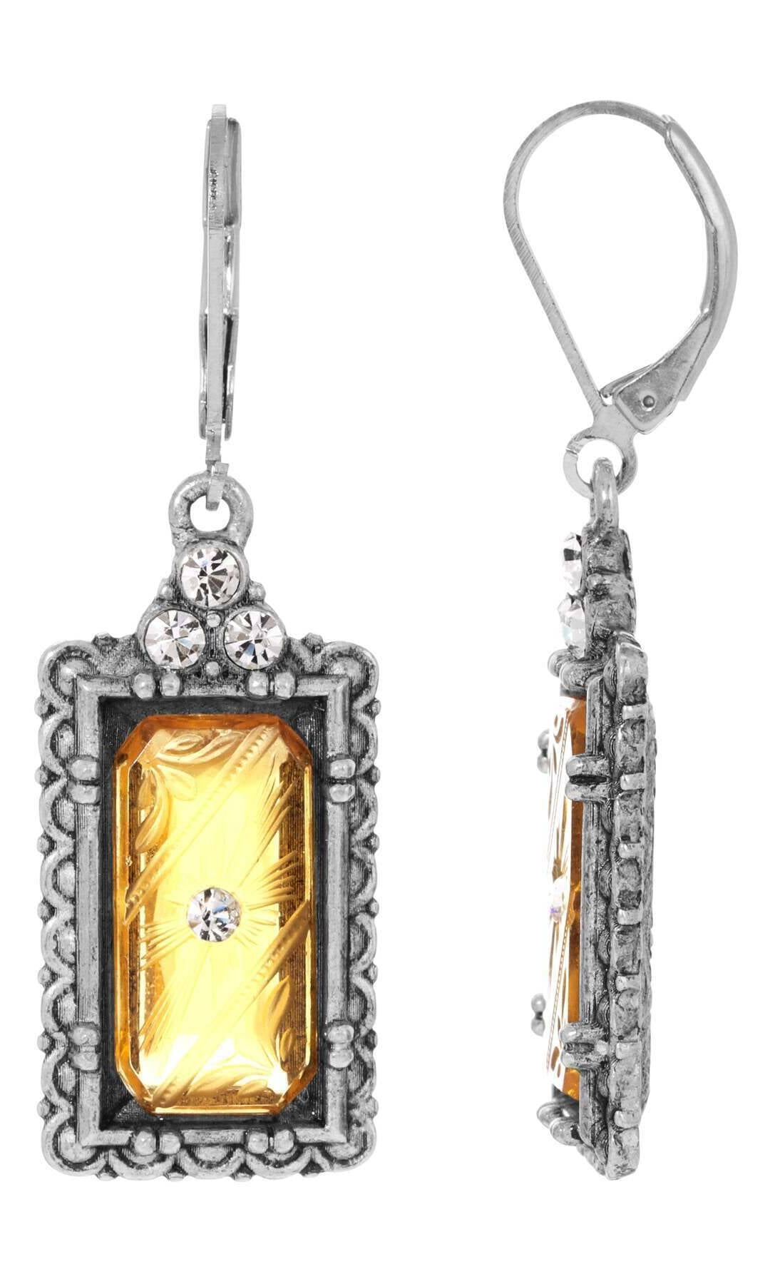 1928 Jewelry Romana Octagon Etched Glass & Crystal Drop Earrings