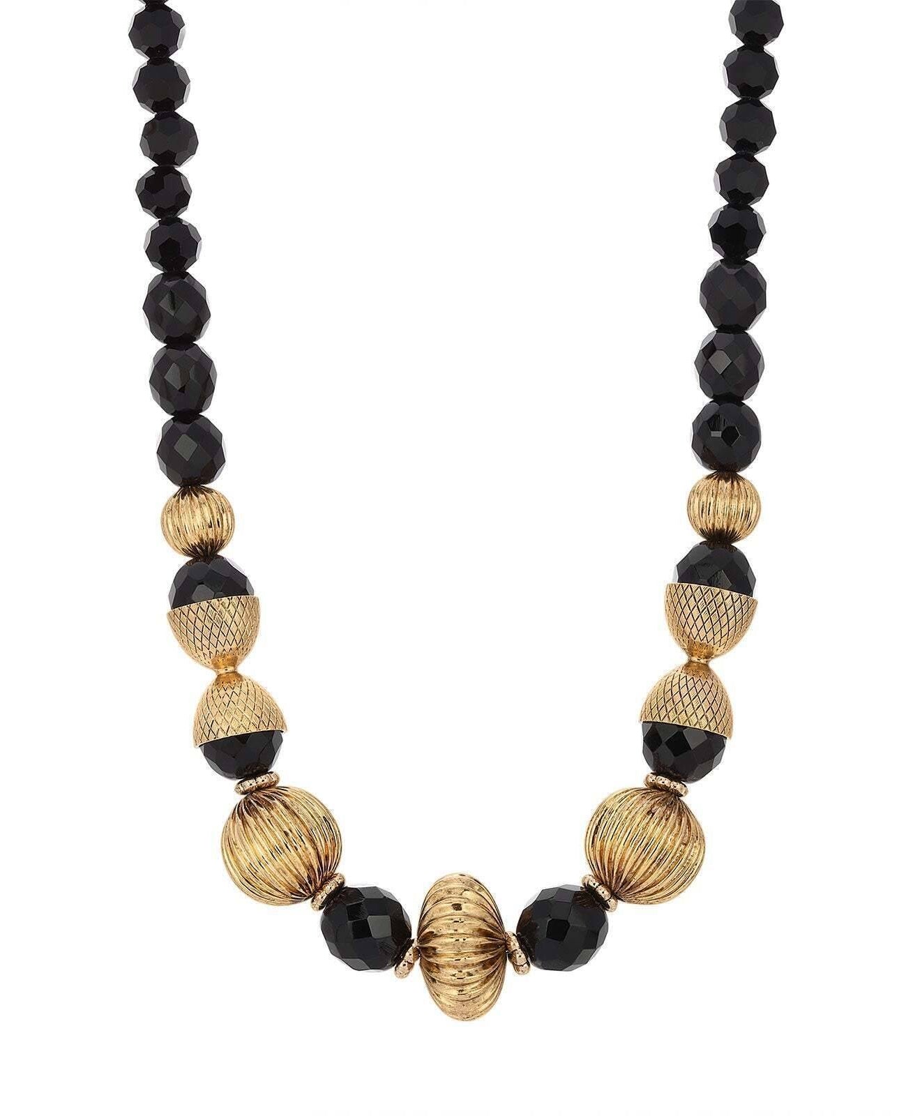 1928 Jewelry Black Fire Polished Strand Corrugated Bead Necklace 15" + 3" Extension