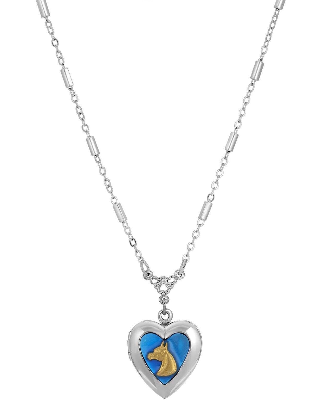 1928 Jewelry Sapphire Blue Horse Heart Locket Necklace 16" + 3" Extender