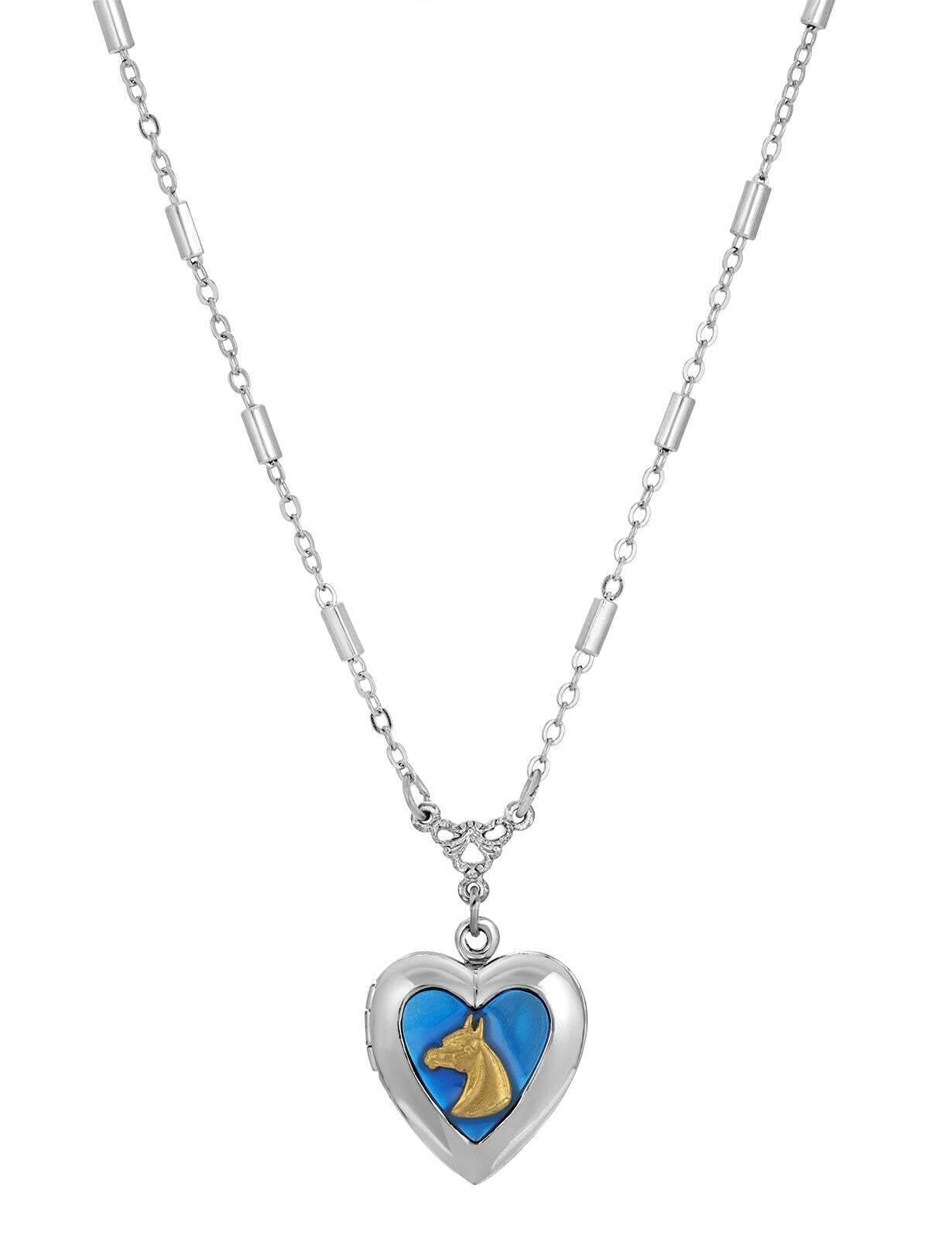 1928 Jewelry Sapphire Blue Horse Heart Locket Necklace 16" + 3" Extender