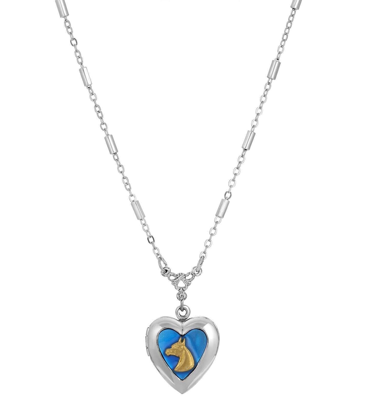 1928 Jewelry Sapphire Blue Horse Heart Locket Necklace 16" + 3" Extender