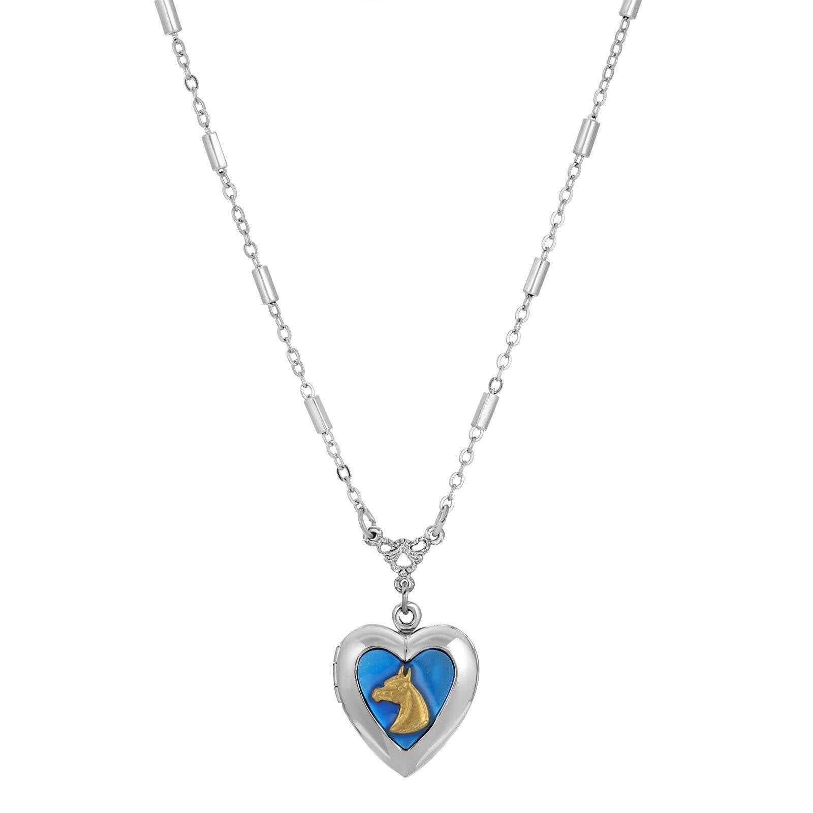 1928 Jewelry Sapphire Blue Horse Heart Locket Necklace 16" + 3" Extender