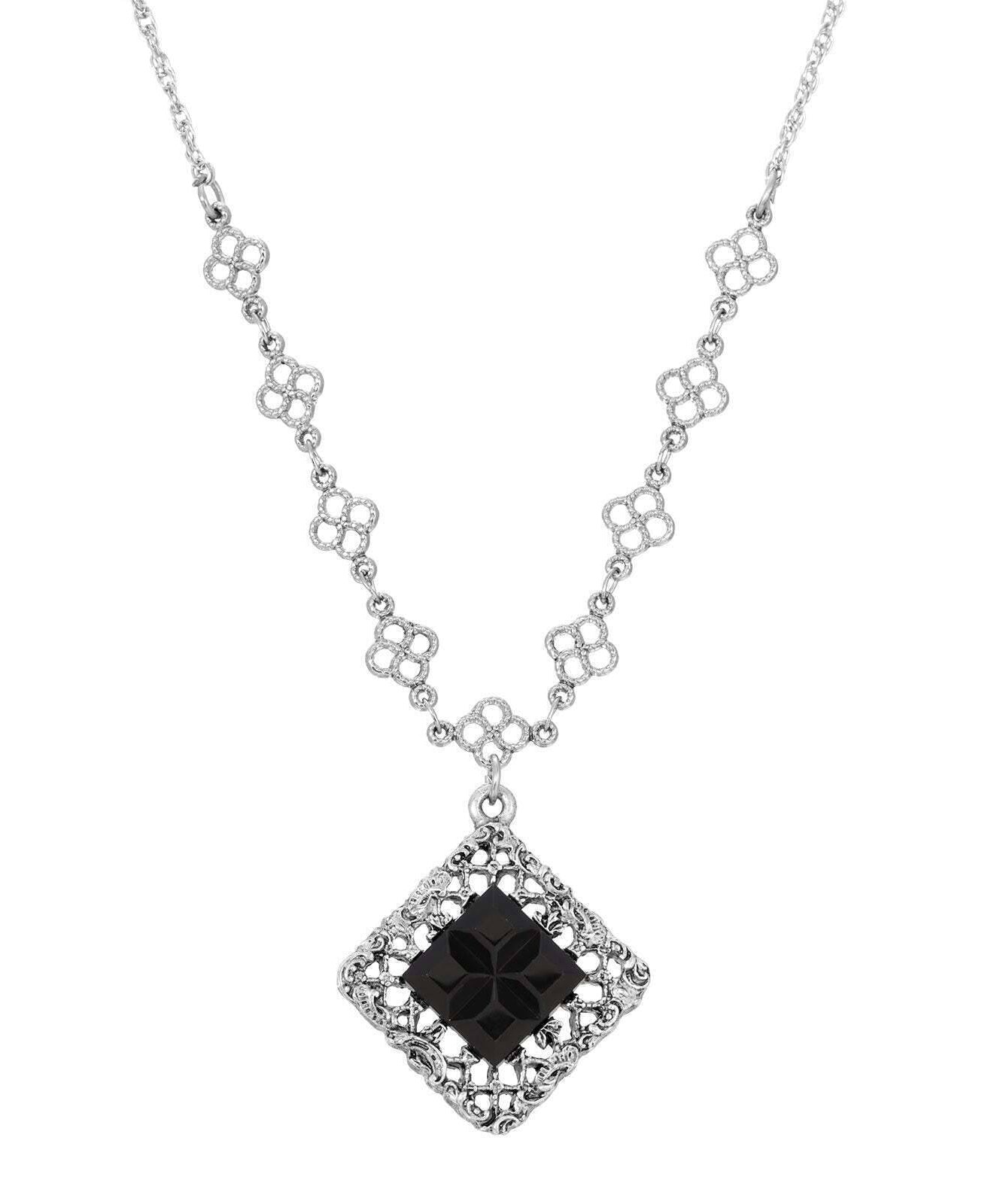 1928 Jewelry Belladonna Black Glass Stone Filigree Pendant Necklace 18"
