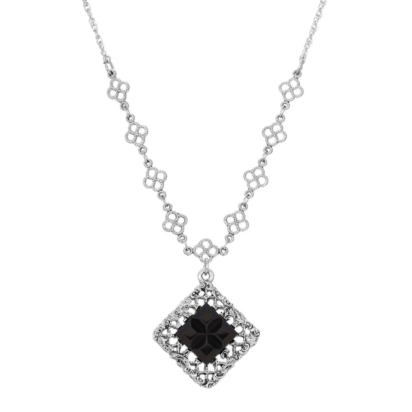 1928 Jewelry Belladonna Black Glass Stone Filigree Pendant Necklace 18"