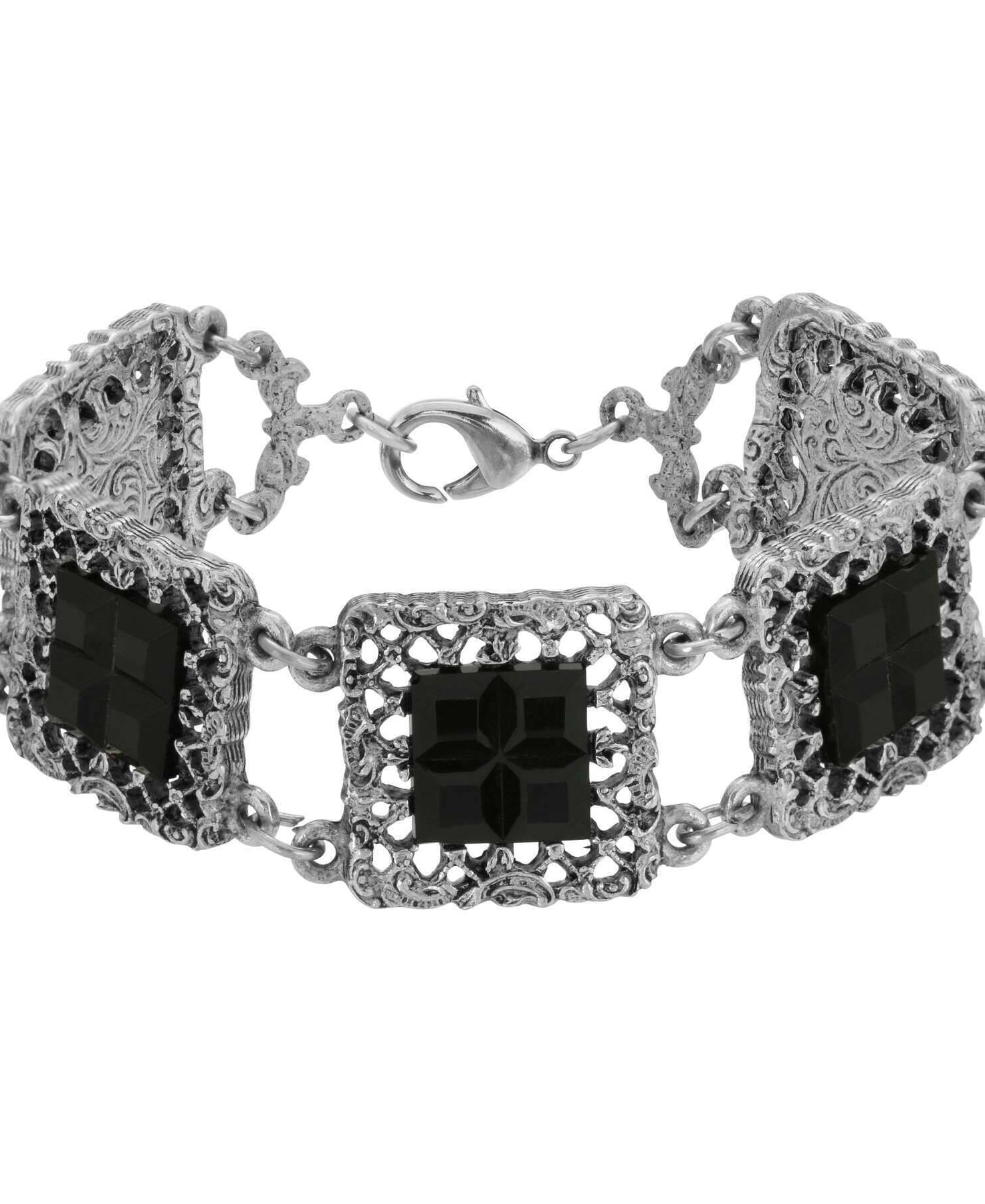 1928 Jewelry Deco Filigree Square Glass Stone Bracelet