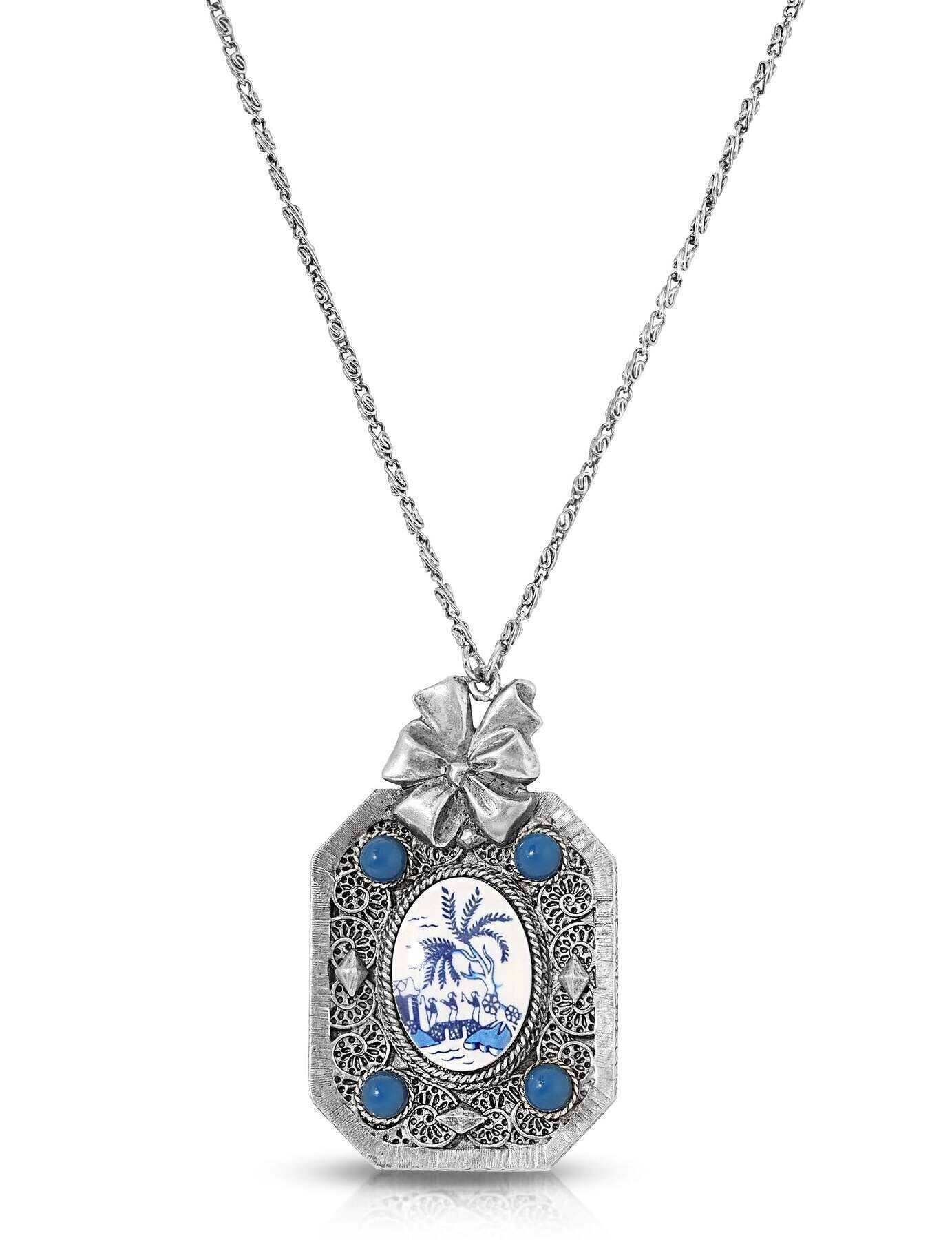 1928 Jewelry Blue Willow Octagon Pendant Mirror Necklace 30"