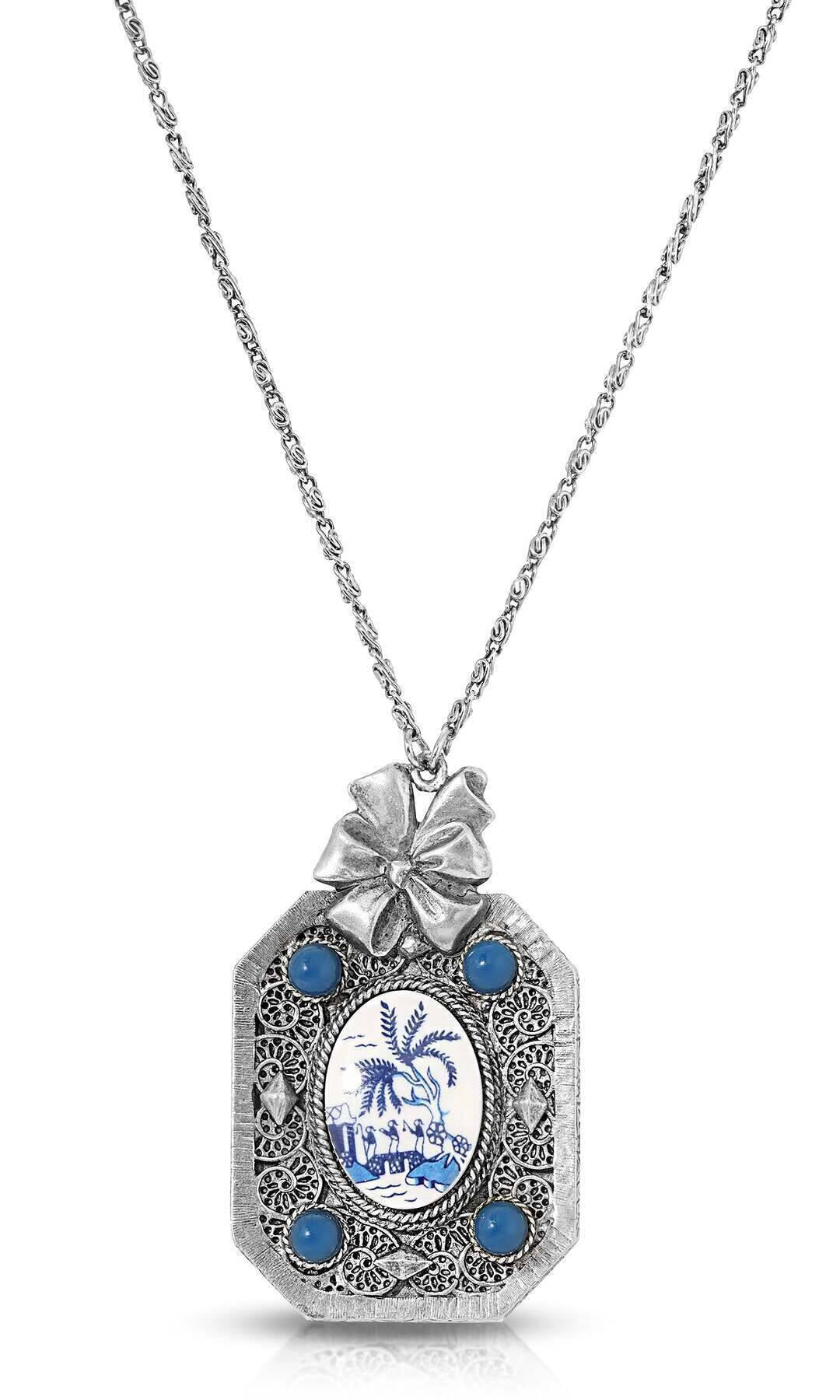 1928 Jewelry Blue Willow Octagon Pendant Mirror Necklace 30"