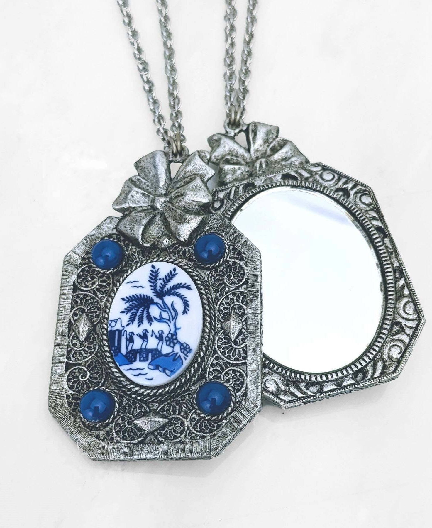 1928 Jewelry Blue Willow Octagon Pendant Mirror Necklace 30"
