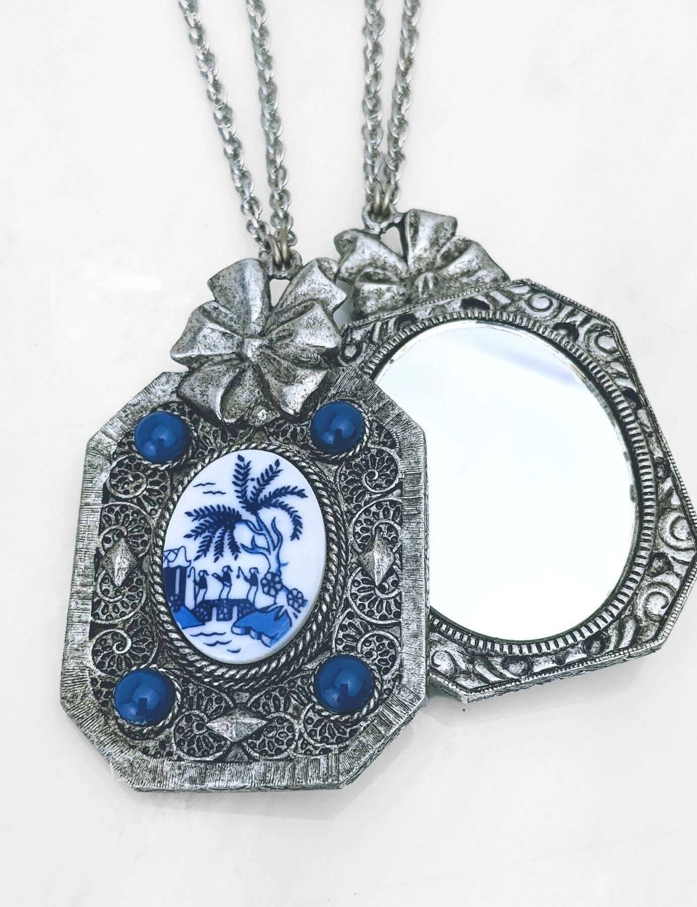1928 Jewelry Blue Willow Octagon Pendant Mirror Necklace 30"