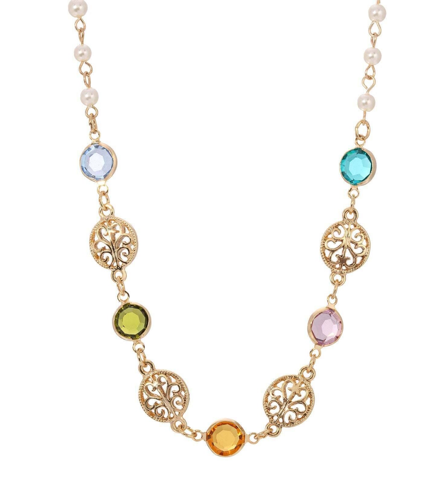 1928 Jewelry Multicolor Euro Channel Crystal Faux Pearl Necklace 15" + 3" Extender