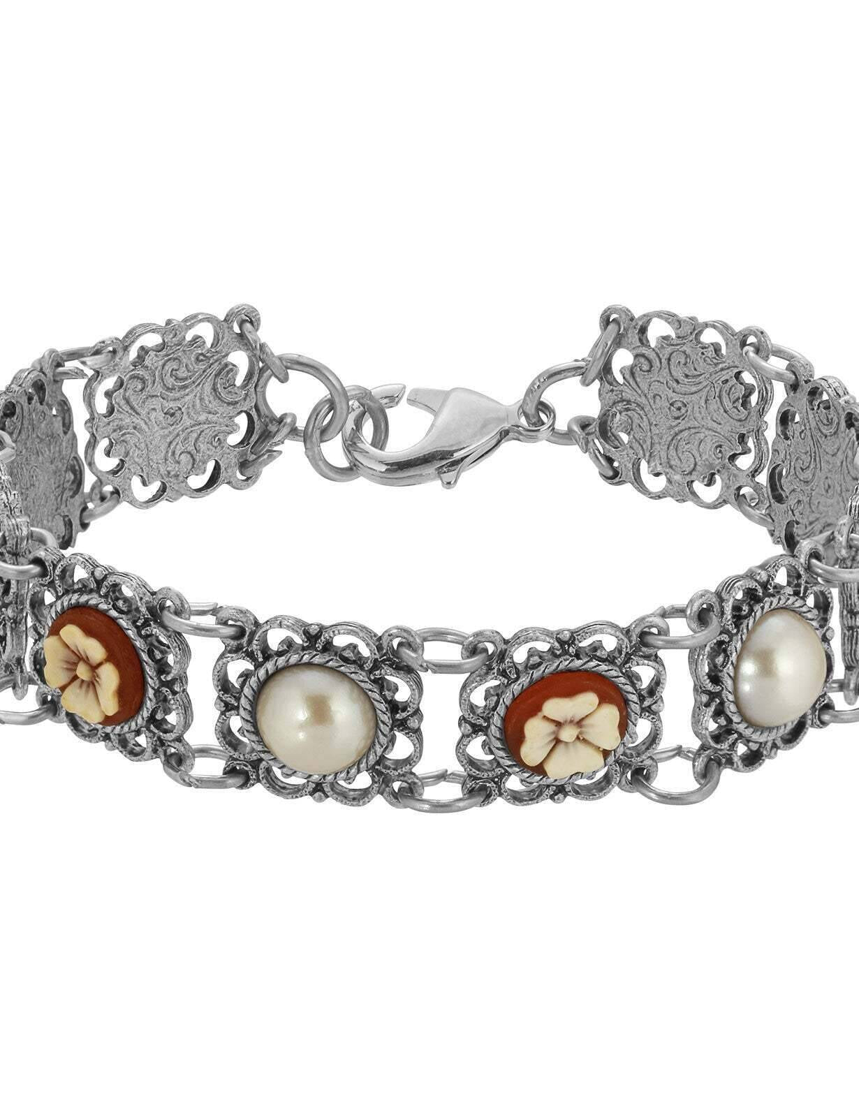 1928 Jewelry Floral Link Faux Pearl & Ivory Flower Stone Bracelet