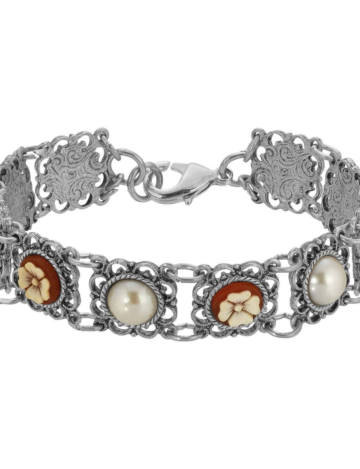 1928 Jewelry Floral Link Faux Pearl & Ivory Flower Stone Bracelet