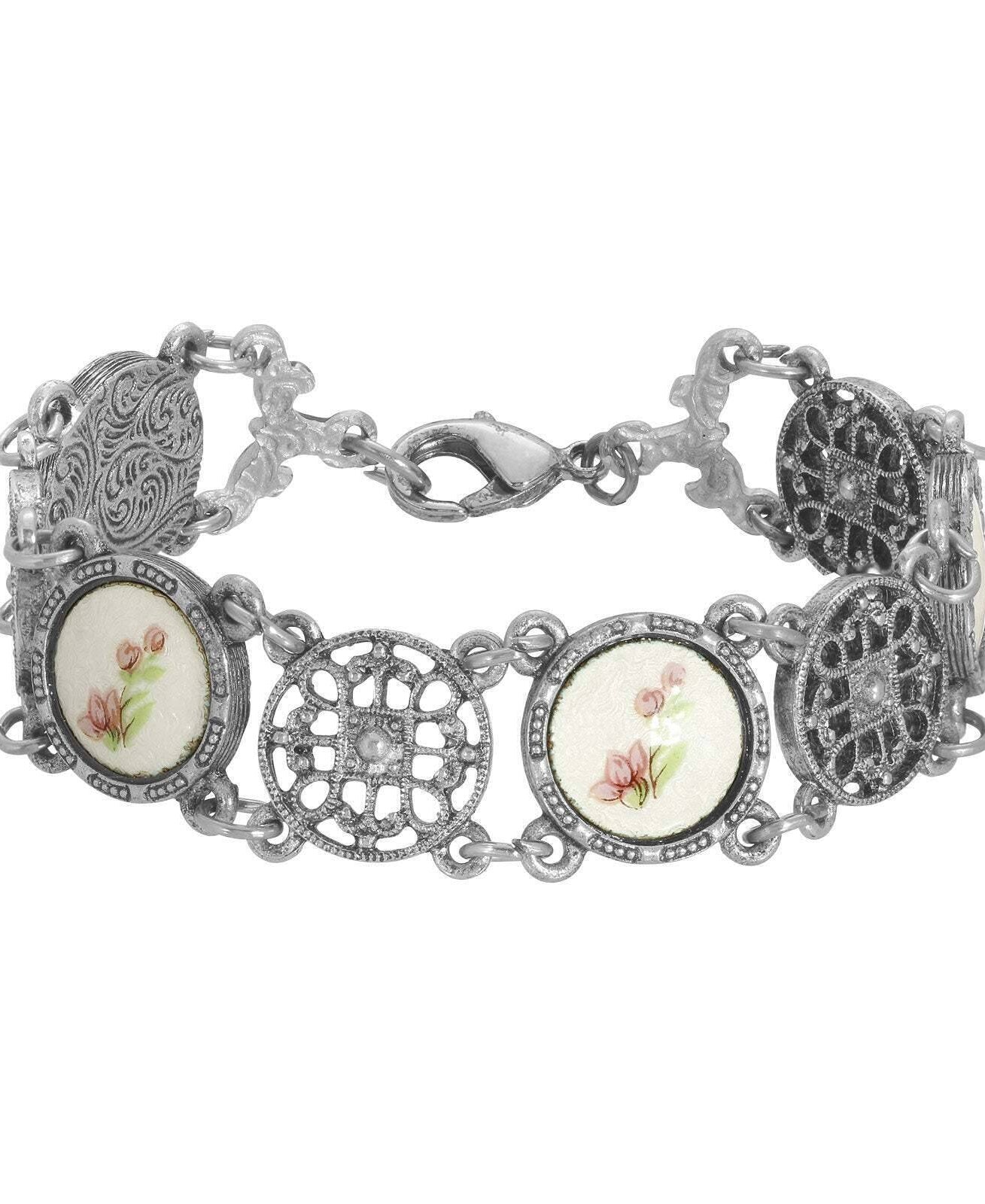 1928 Jewelry Meso Round Intricate Filigree Pink & White Stone Link Bracelet