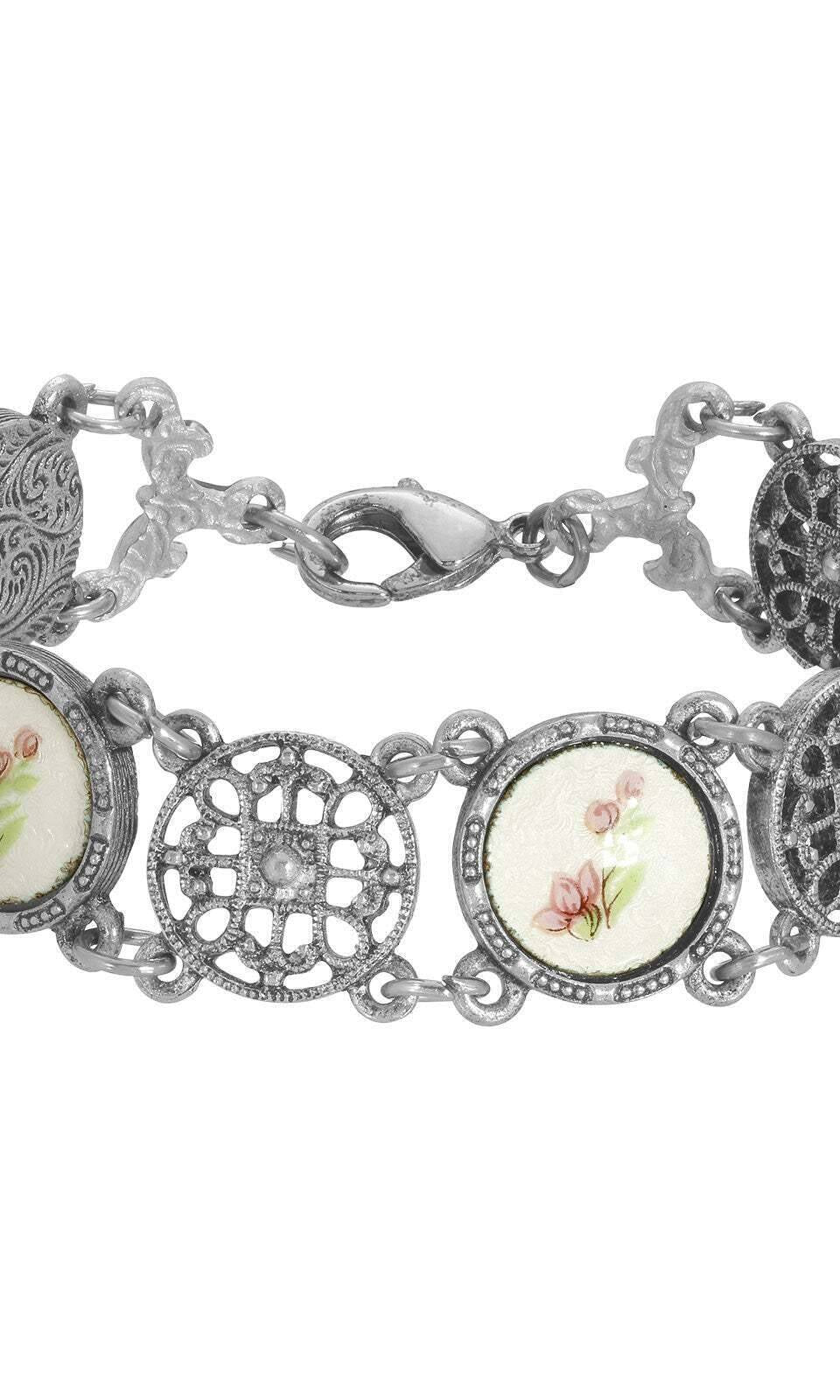 1928 Jewelry Meso Round Intricate Filigree Pink & White Stone Link Bracelet