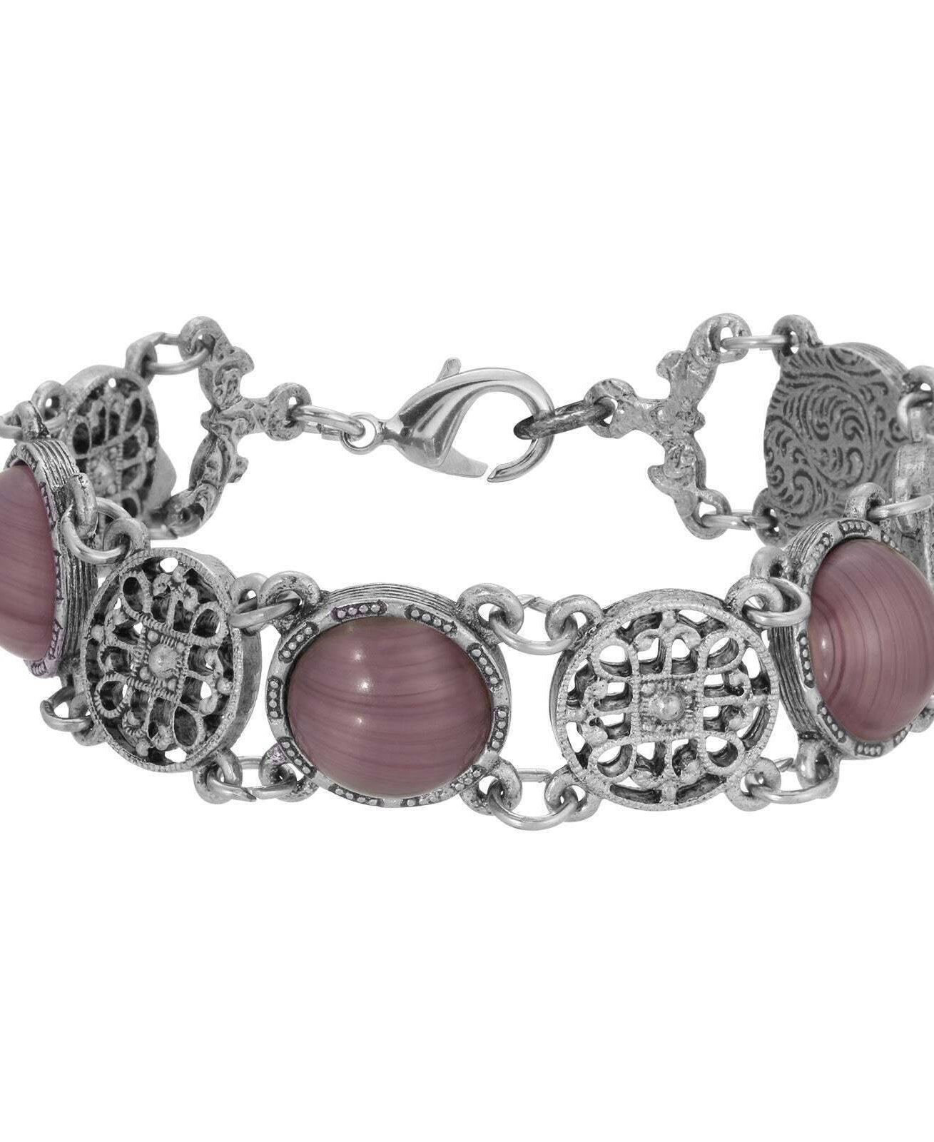 1928 Jewelry Meso Round Intricate Filigree Purple Amethyst Quartz Glass Link Bracelet