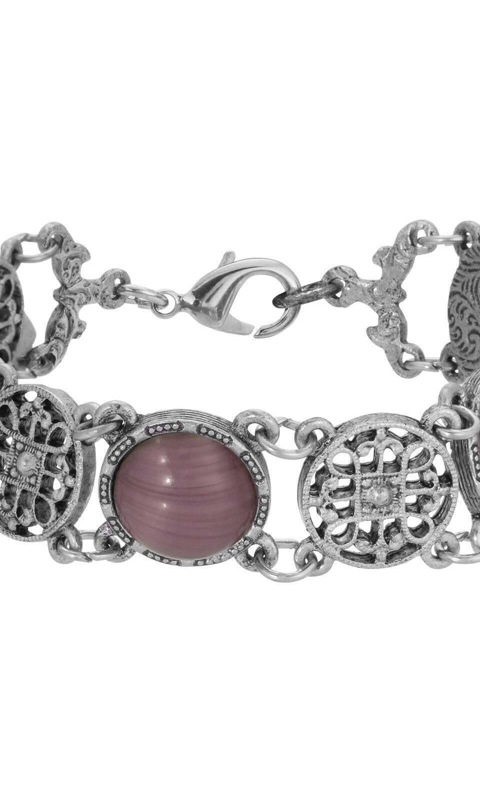 1928 Jewelry Meso Round Intricate Filigree Purple Amethyst Quartz Glass Link Bracelet