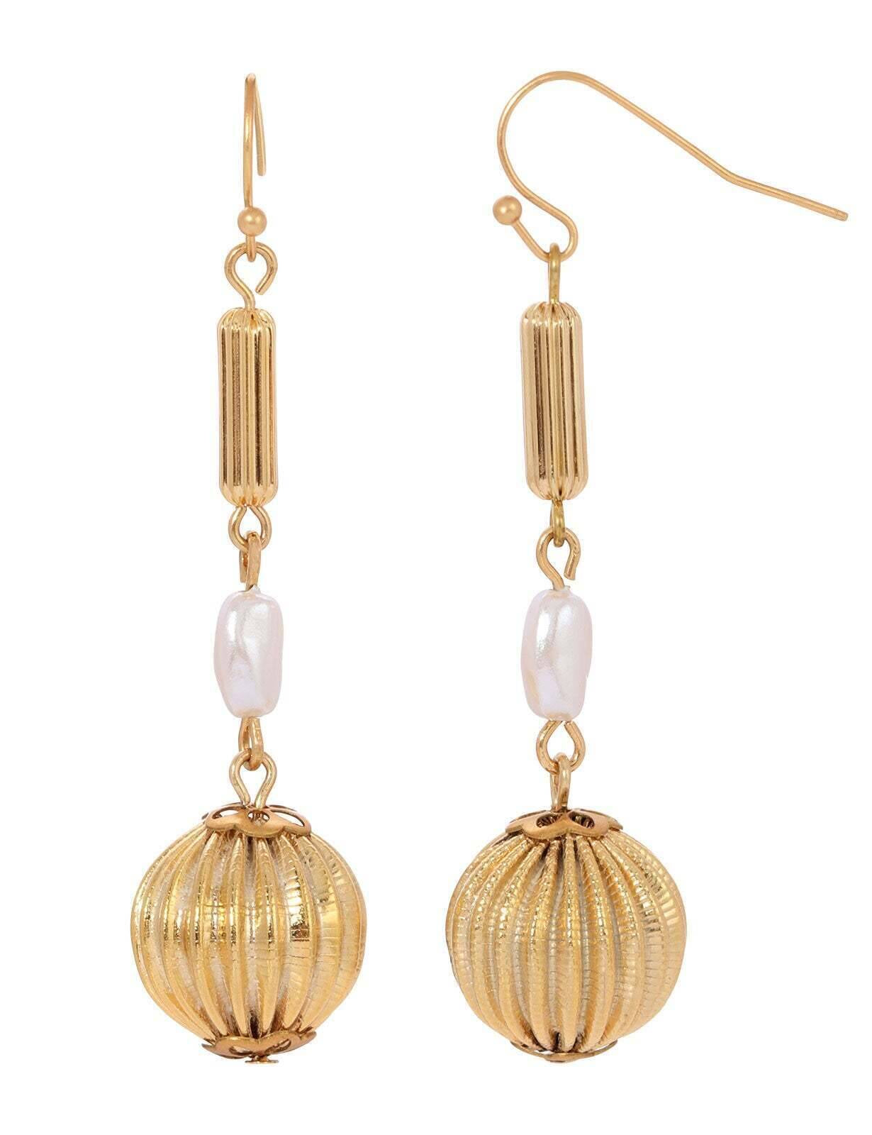 1928 Jewelry Biwa Faux Pearl Round Fluted Bead Dangle Earrings