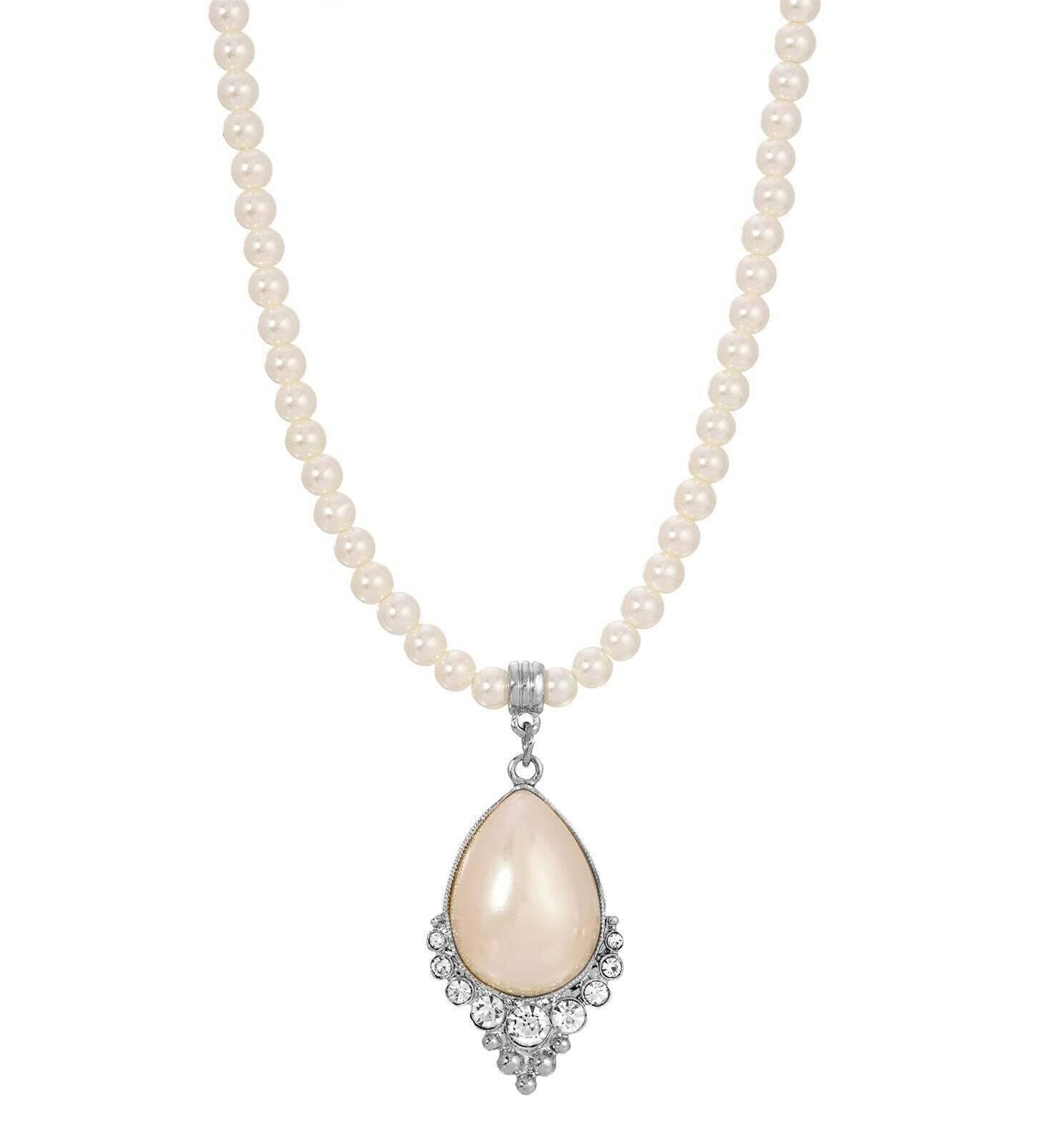 1928 Jewelry Teardrop Faux Pearl Crystal Accent 4mm Pearl Strand Pendant Necklace 16"