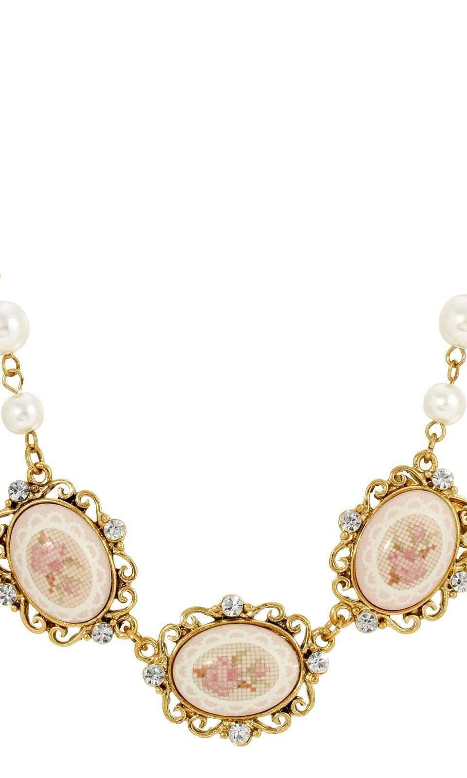 1928 Jewelry Stitch Pattern Triple Pink Porcelain Rose Faux Pearl Collar Necklace 16" + 3" Extender