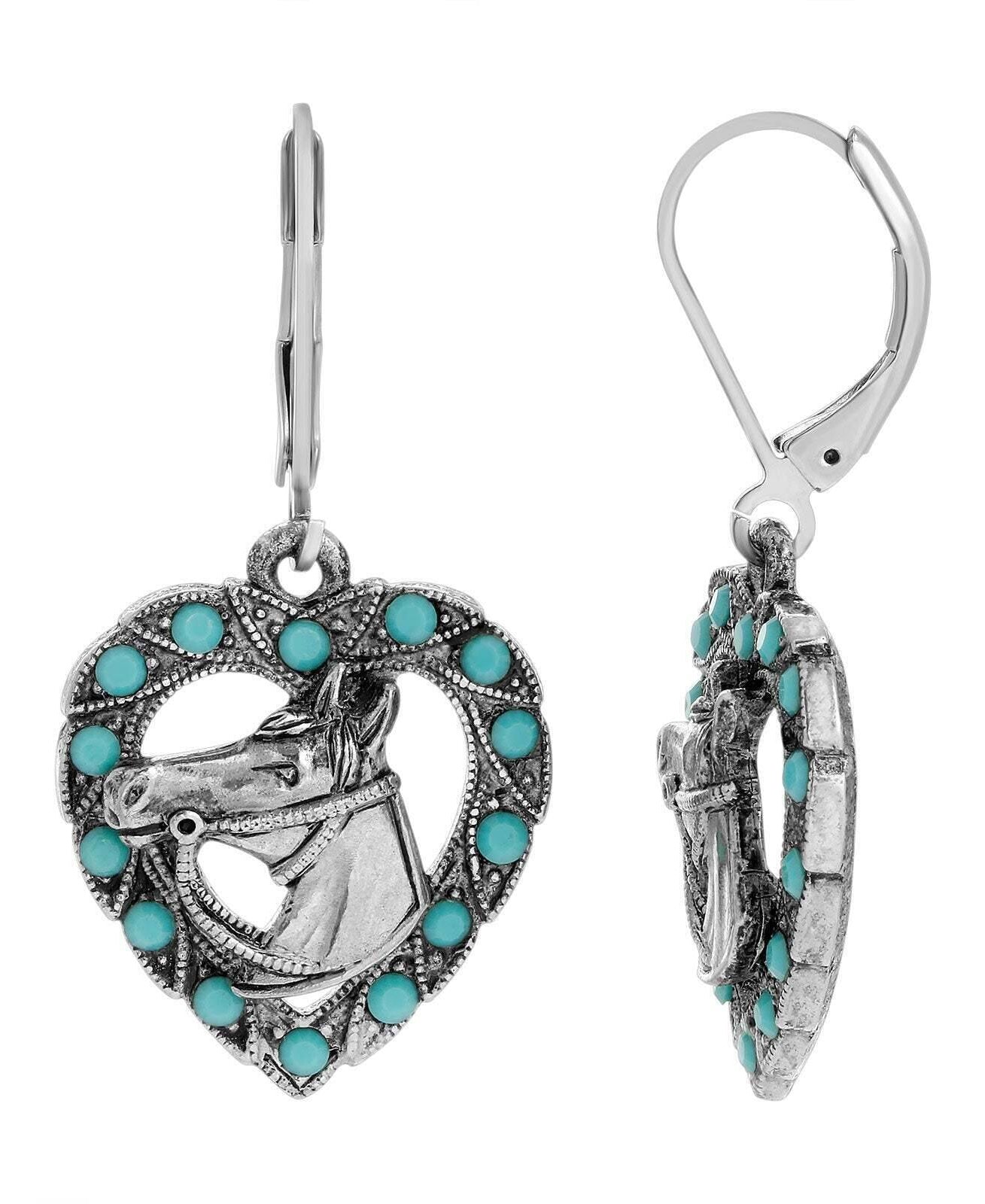 1928 Jewelry Heart Horse Head Turquoise Crystal Drop Earrings