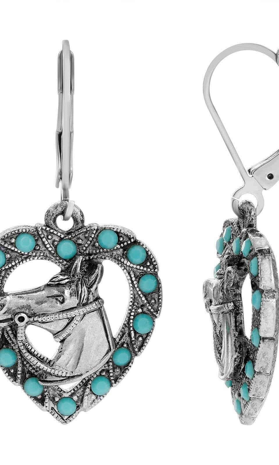 1928 Jewelry Heart Horse Head Turquoise Crystal Drop Earrings