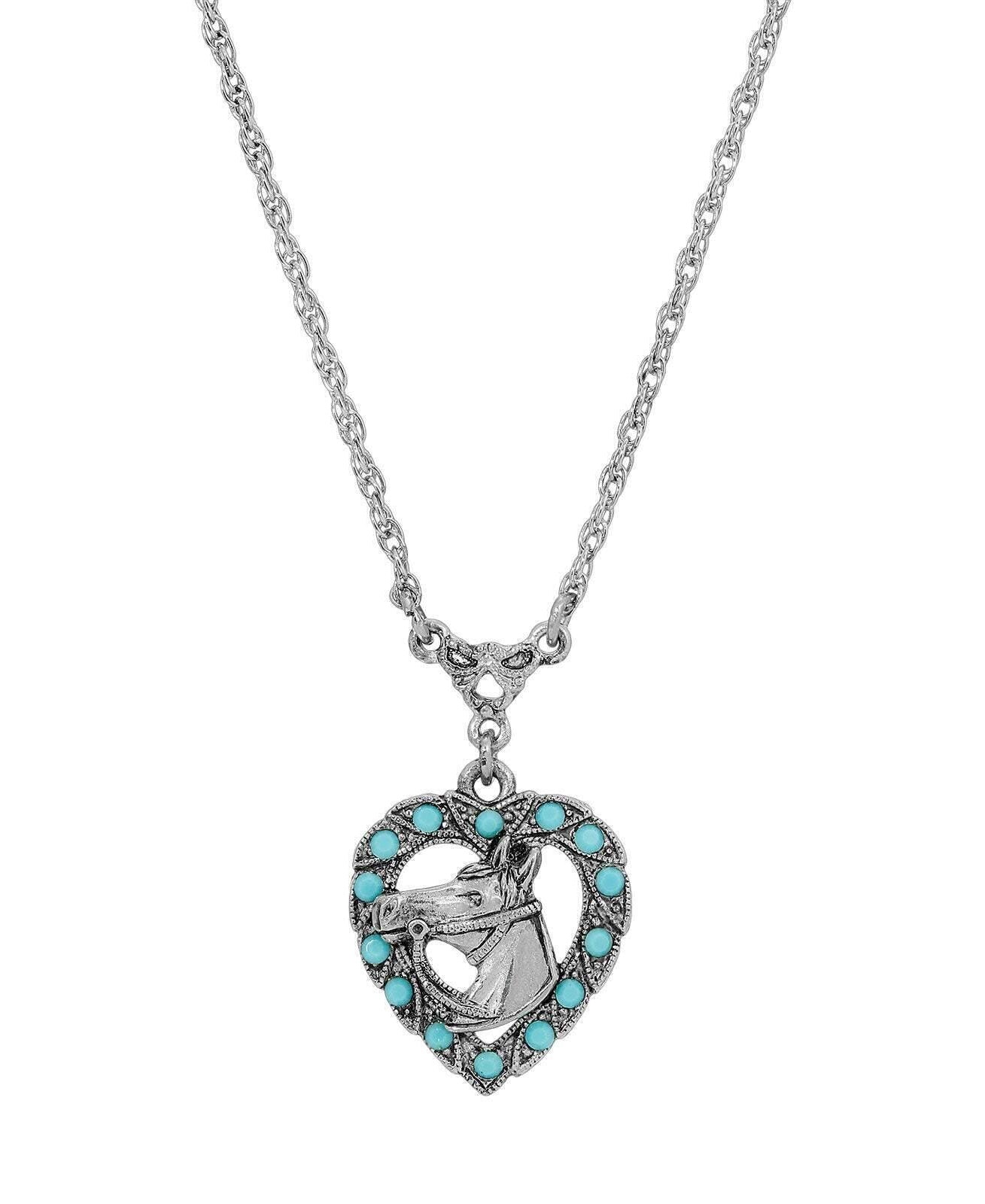 1928 Jewelry Heart Horse Head Turquoise Crystal Pendant Necklace 16"