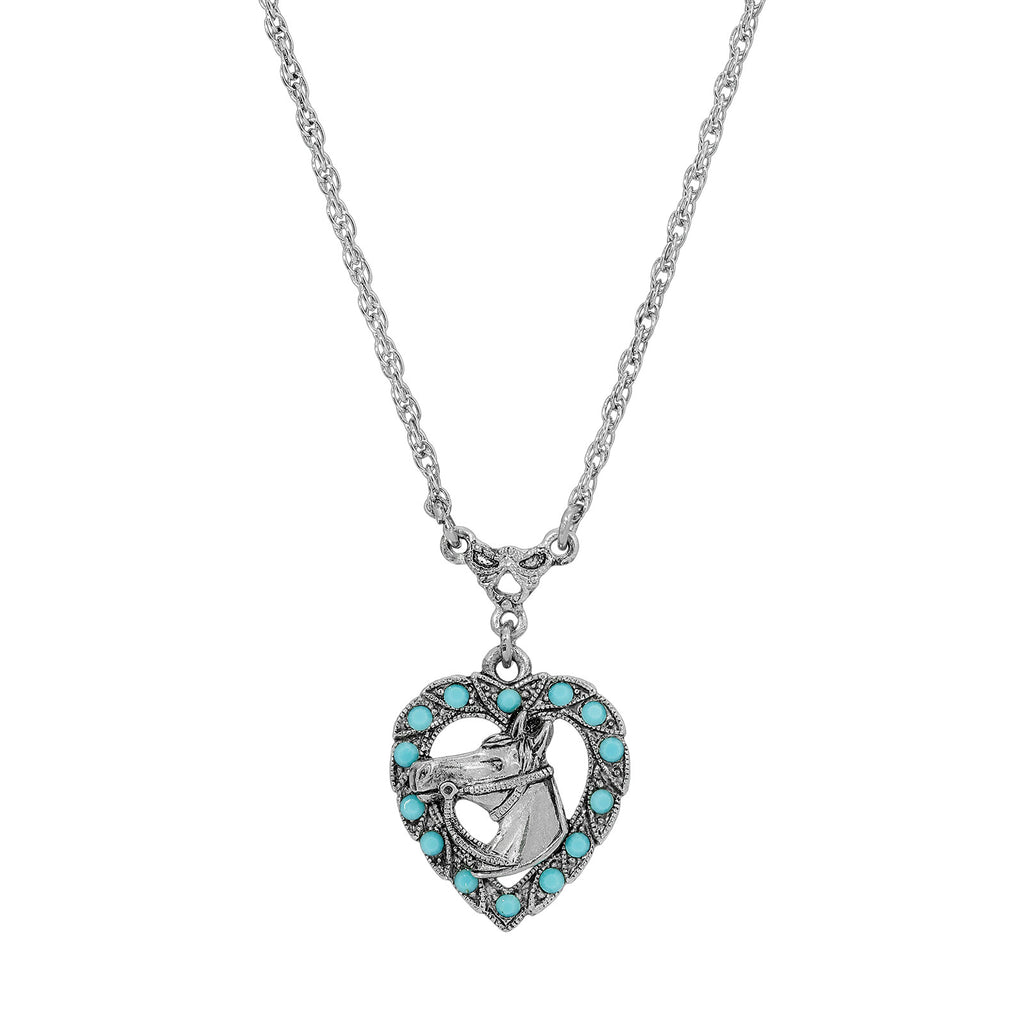 Heart With Horse Turquoise Crystal Pendant Necklace 16 Inch