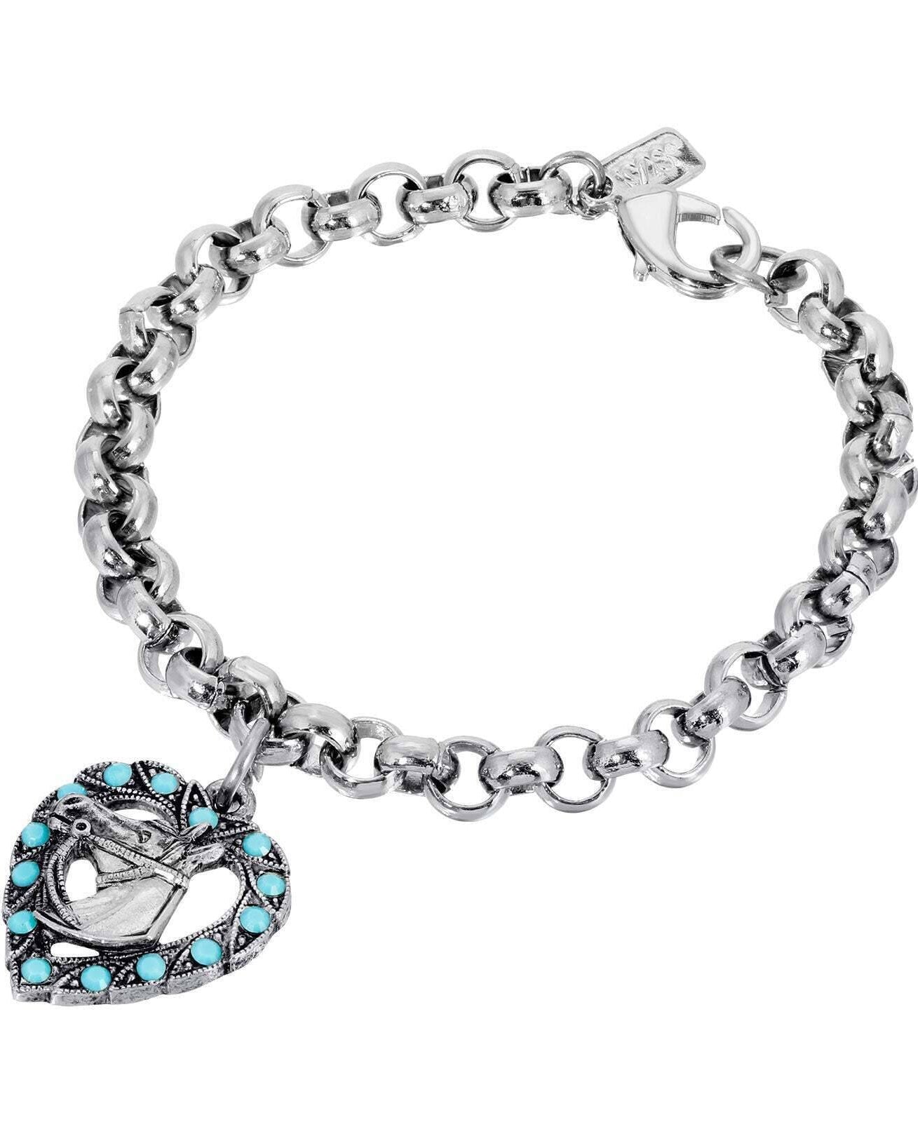 1928 Jewelry Heart With Horse Turquoise Crystal Round Link Bracelet