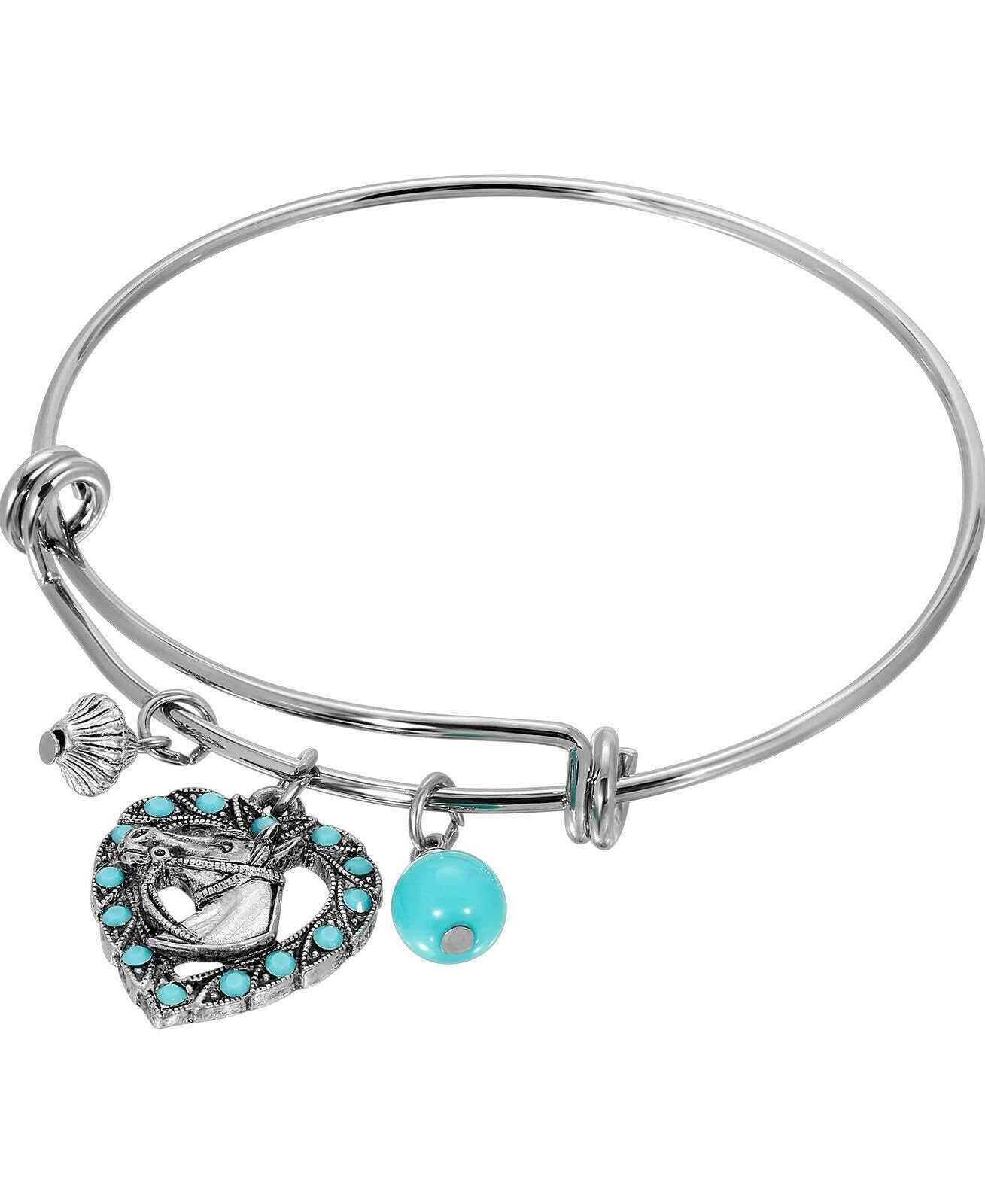 1928 Jewelry Heart Horse Head Turquoise Crystal & Charms Wire Bracelet