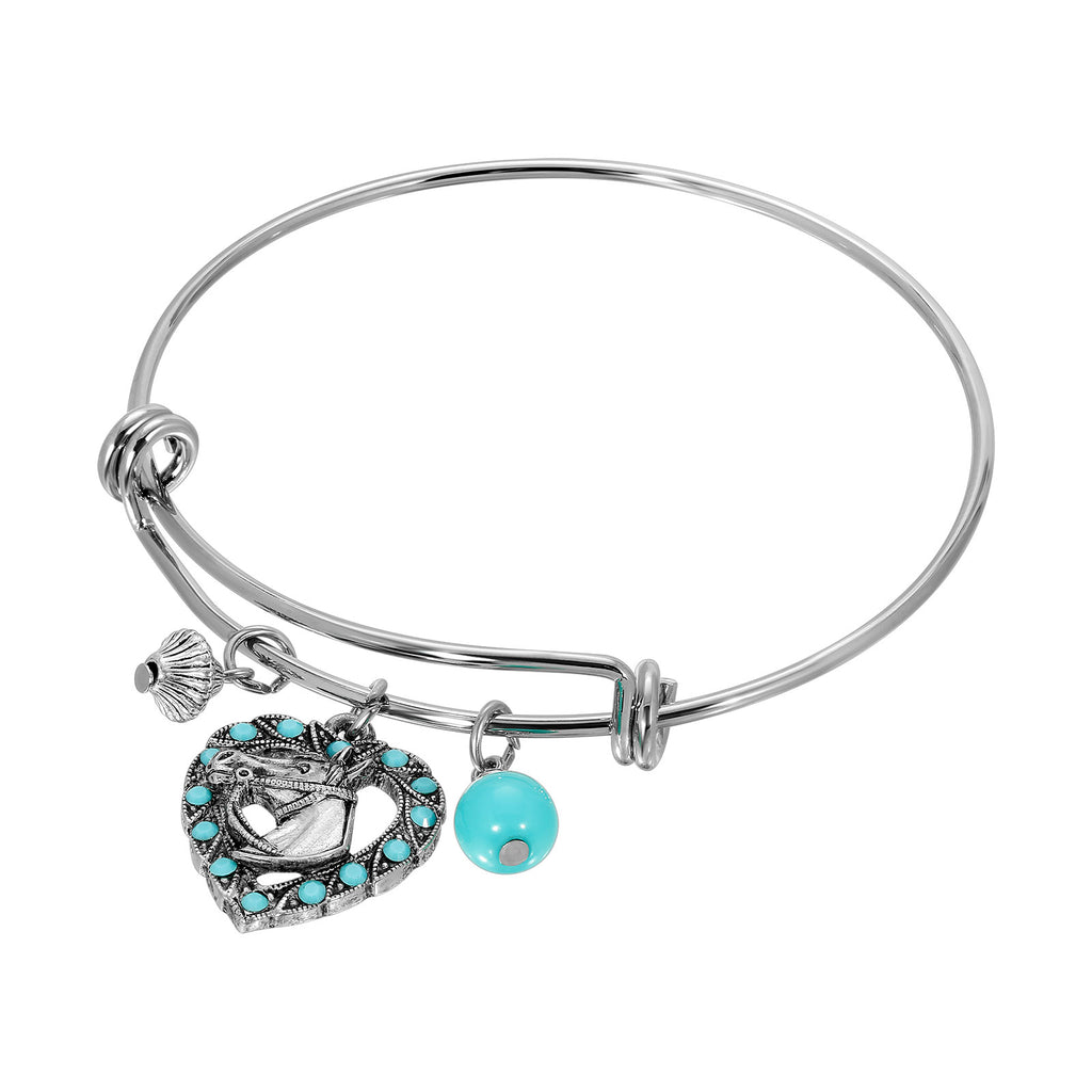 Heart With Horse Turquoise Crystal And Bad Expandable Wire Bracelet