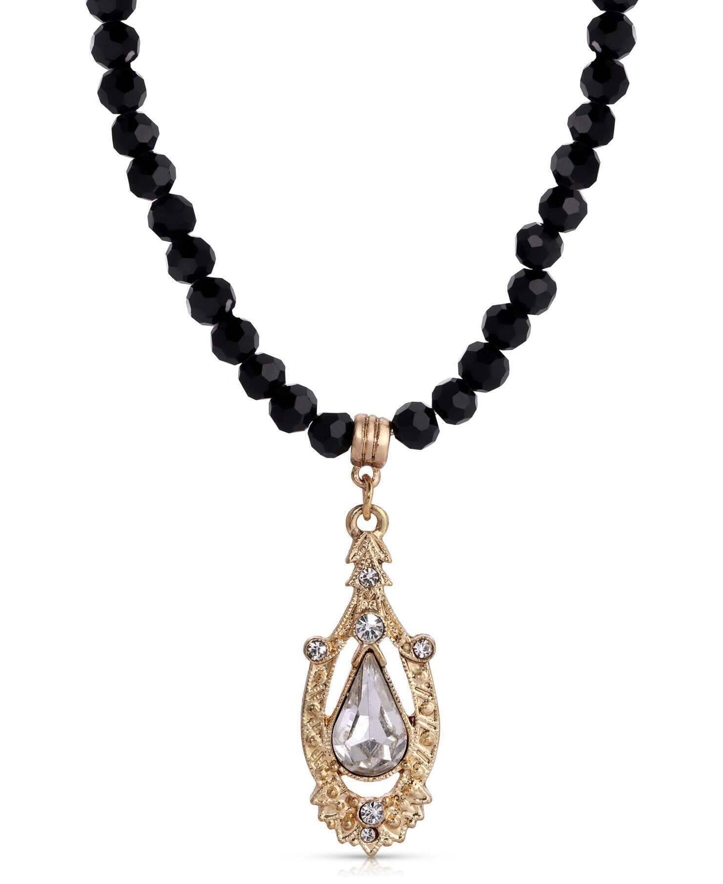 1928 Jewelry Minuit Black Glass Strand Bead Crystal Pendant Necklace 15" + 3" Extender