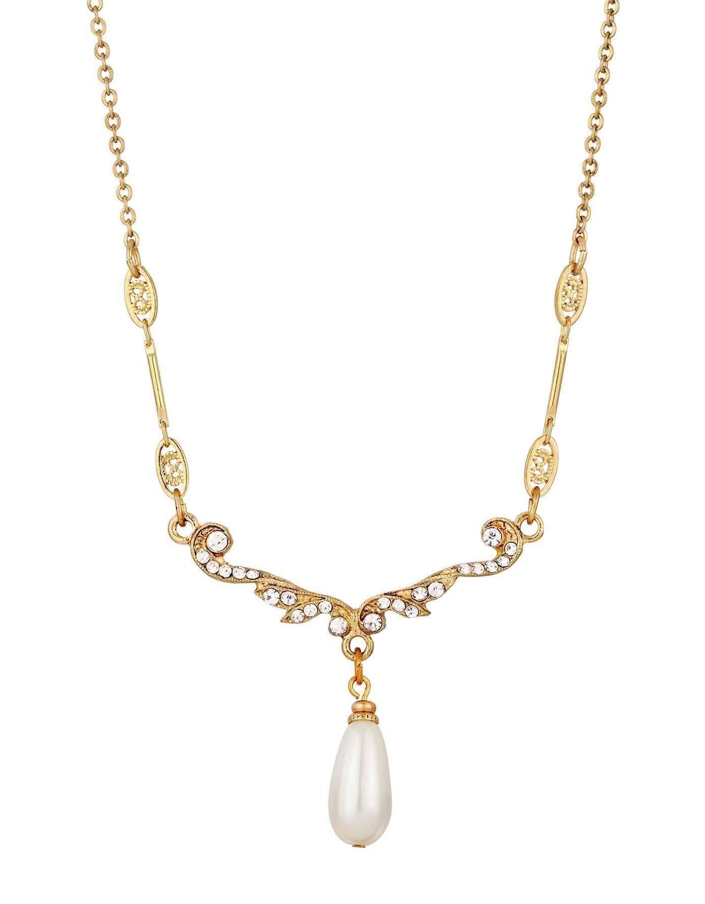 1928 Jewelry Edwardian Teardrop Faux Pearl Crystal Necklace 16" + 3" Extender