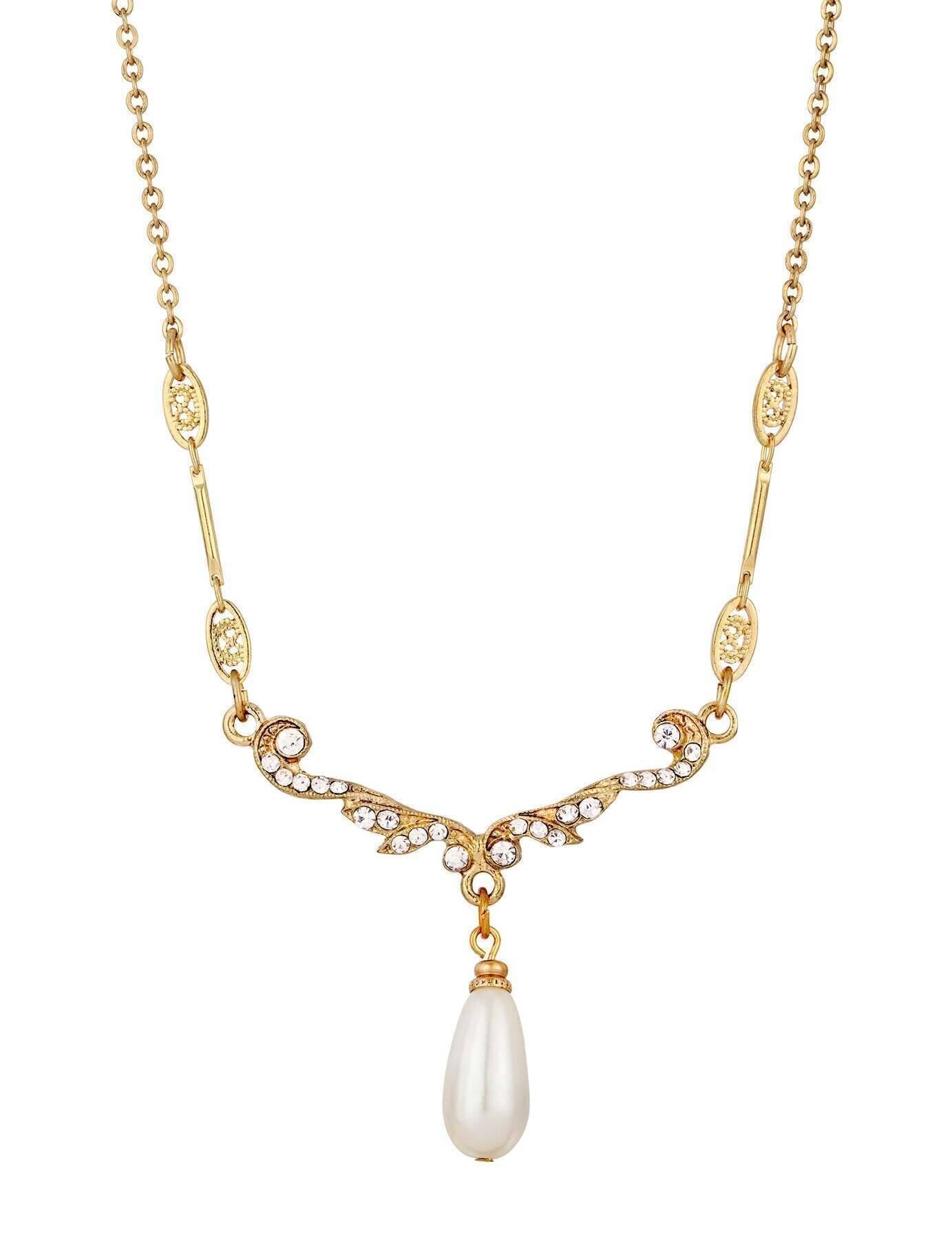 1928 Jewelry Edwardian Teardrop Faux Pearl Crystal Necklace 16" + 3" Extender