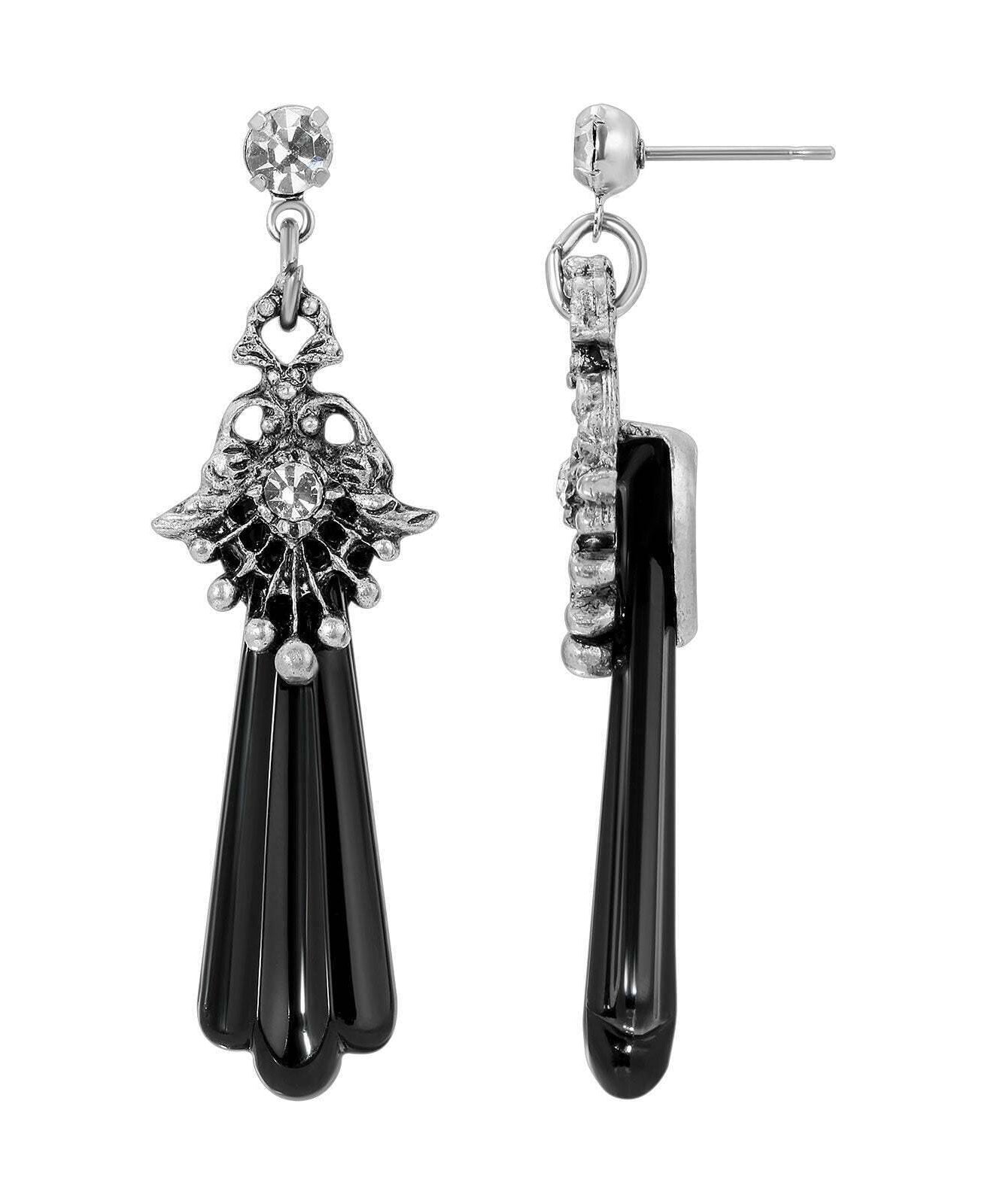 1928 Jewelry Black Deco Stone Crystal Flair Post Drop Earrings
