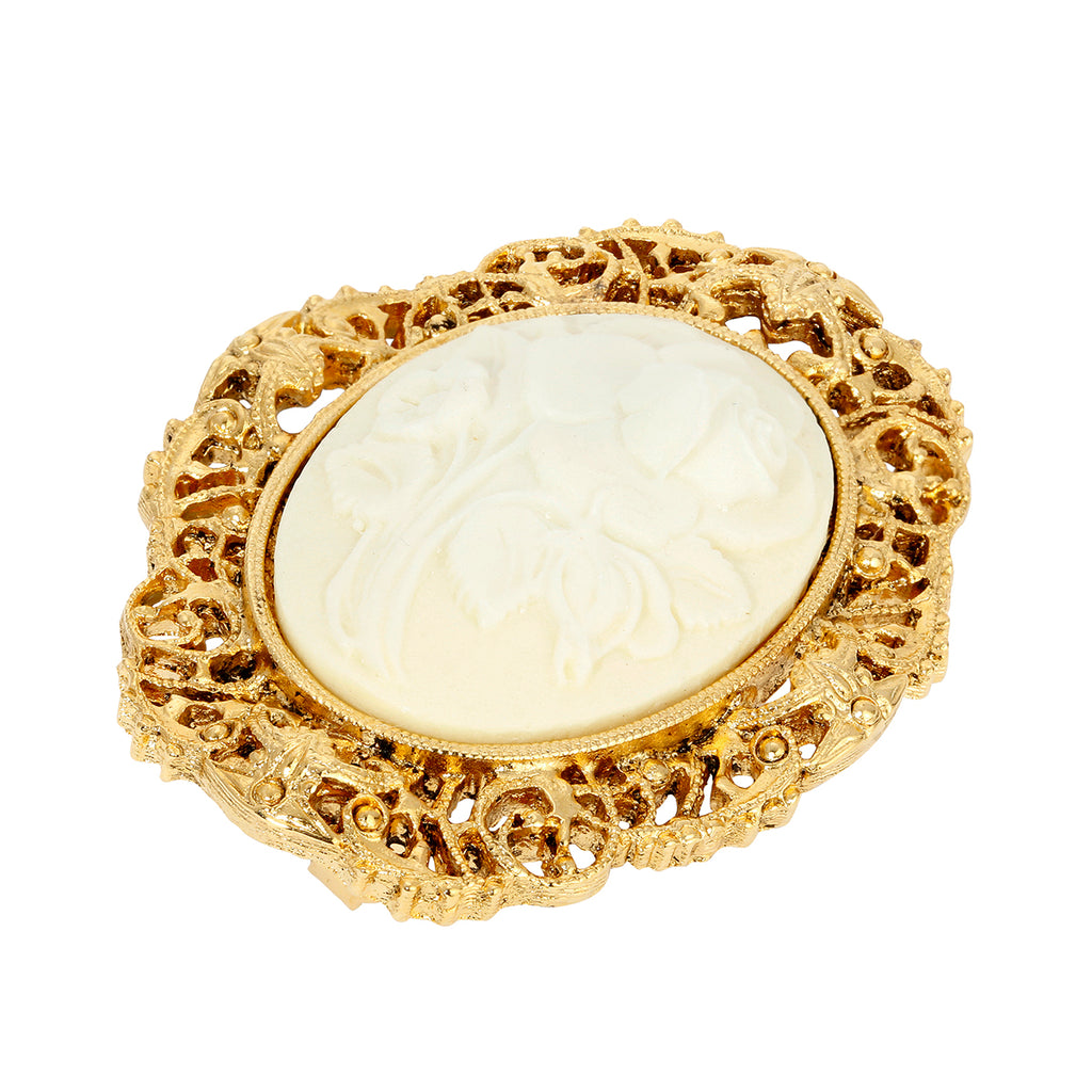 Filigree Oval White Flower Cameo Pin