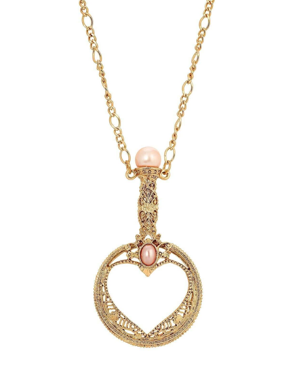 1928 Jewelry Rosabella Oval Raspberry Faux Pearl Magnifying Glass Necklace 30" - Magnification Power: 1-2X