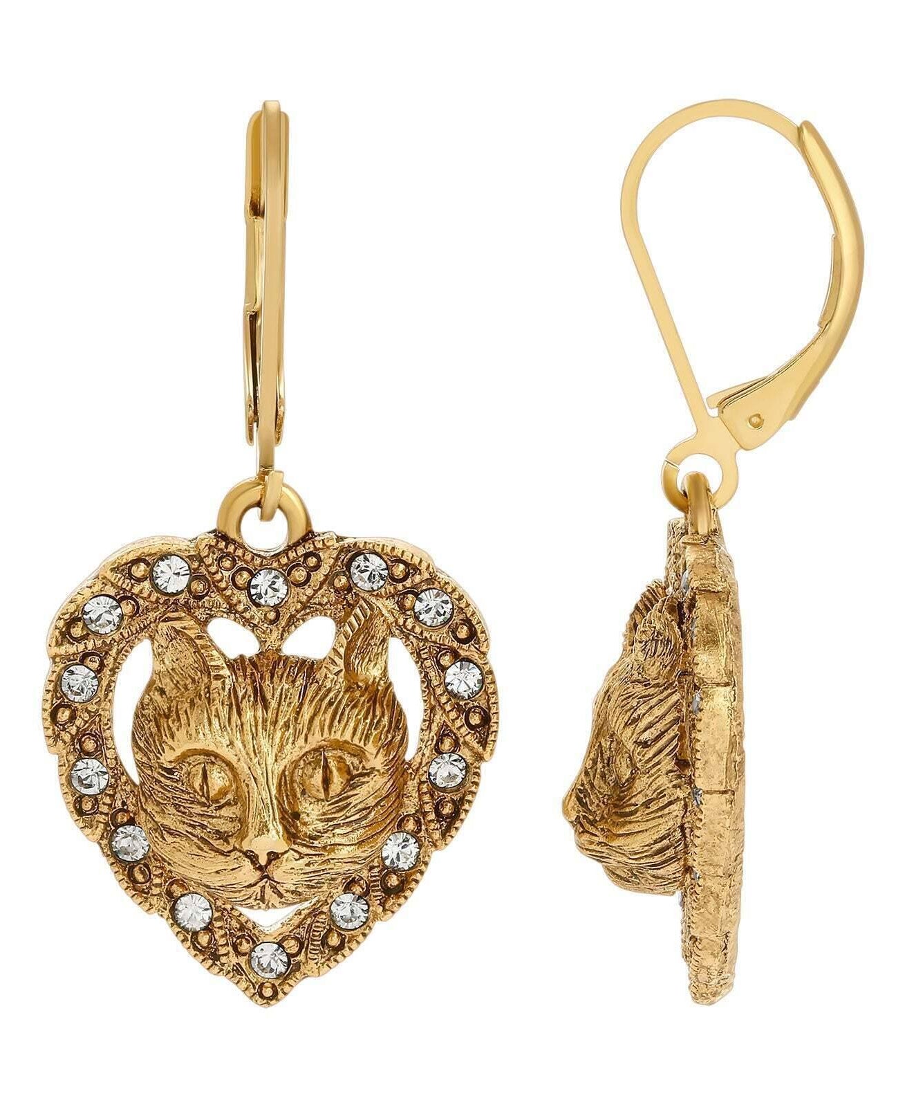1928 Jewelry Heart And Cat Crystal Accent Lever Back Earrings