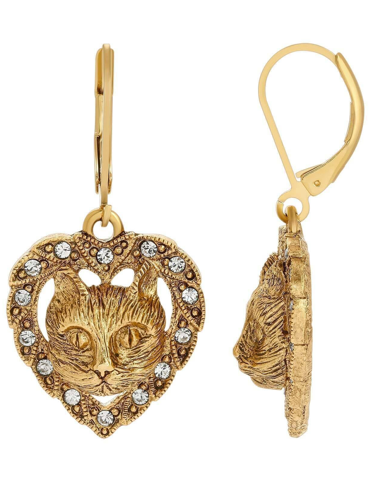 1928 Jewelry Heart And Cat Crystal Accent Lever Back Earrings