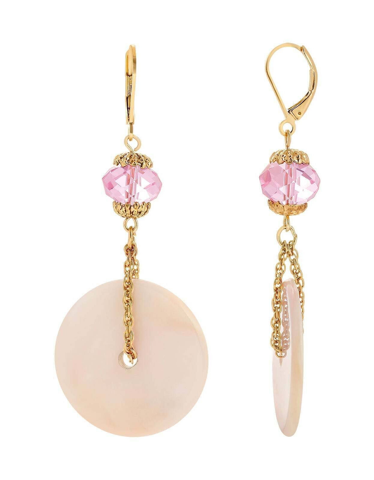 1928 Jewelry Light Rose Crystal Pink Mother Of Pearl Disk Drop Earrings