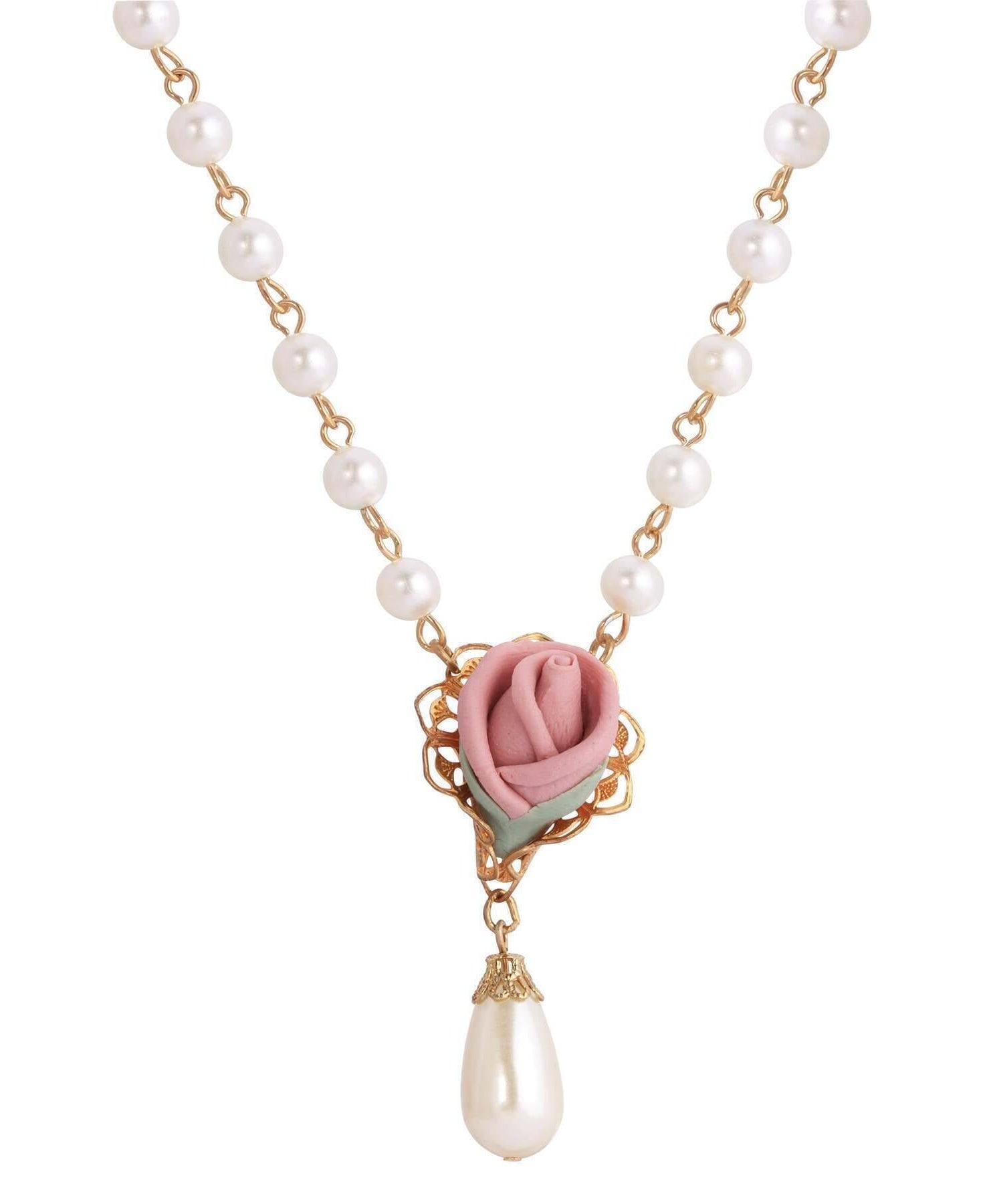 1928 Jewelry Pink Porcelain Rose Bud Faux Pearl Pendant Necklace 15" + 3" Extension