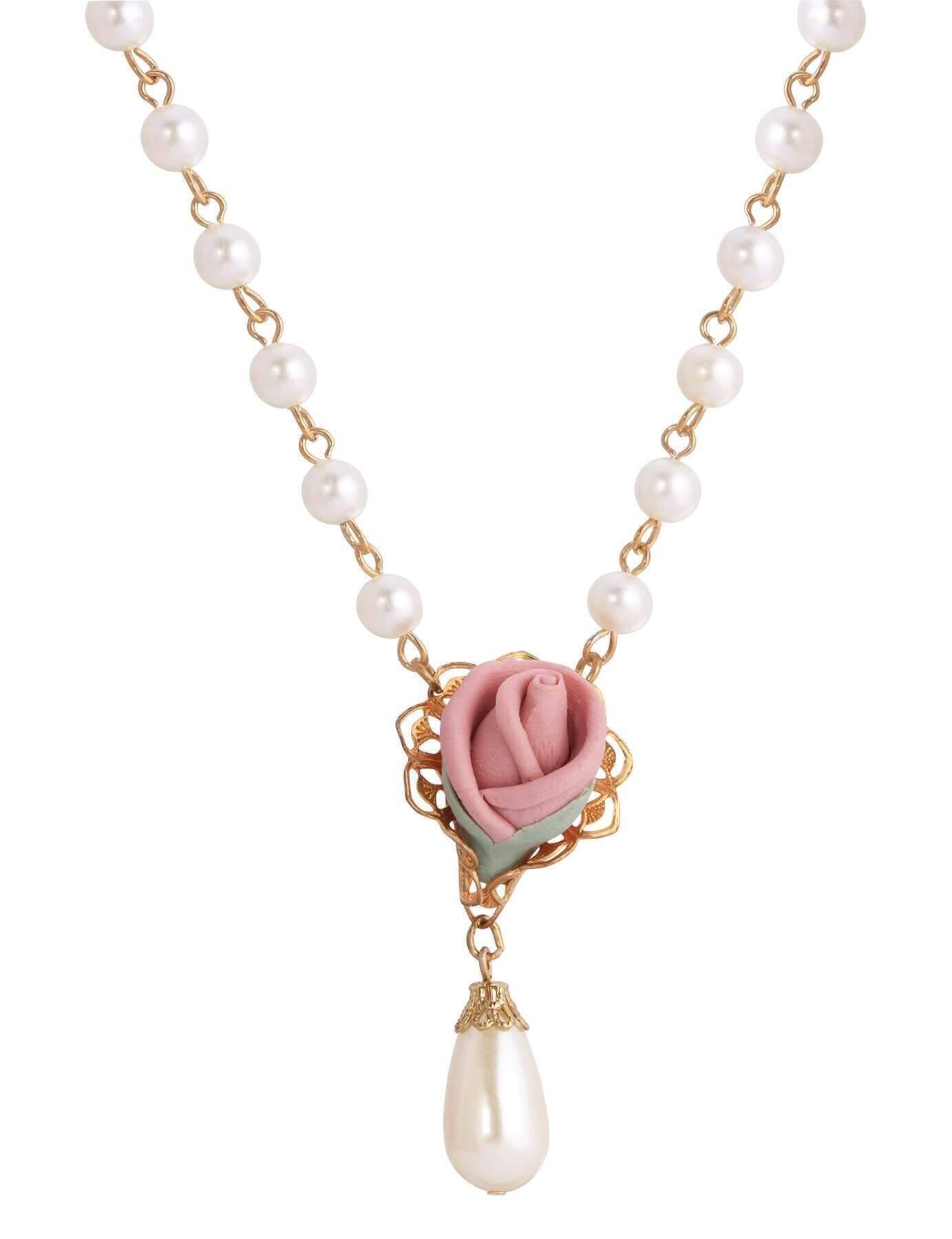 1928 Jewelry Pink Porcelain Rose Bud Faux Pearl Pendant Necklace 15" + 3" Extension