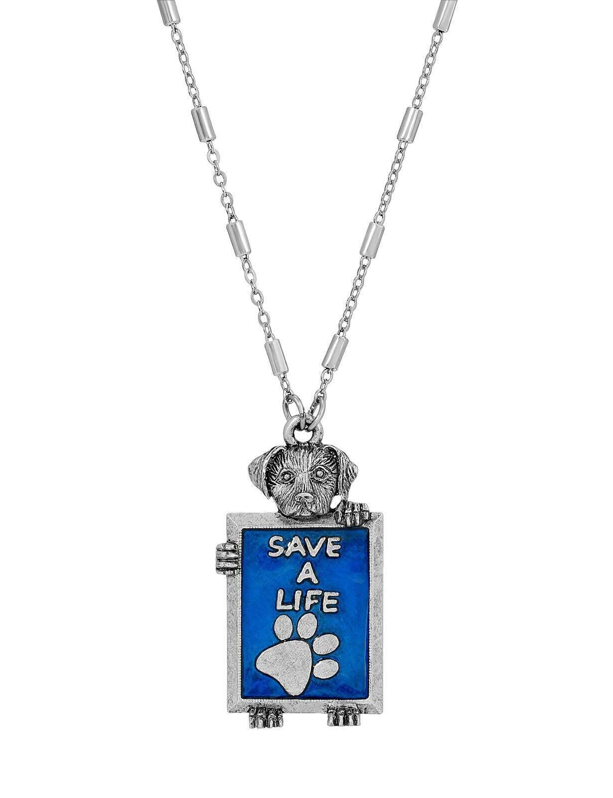 1928 Jewelry Pewter Dog Blue Enamel Save A Life Pendant Necklace 28"