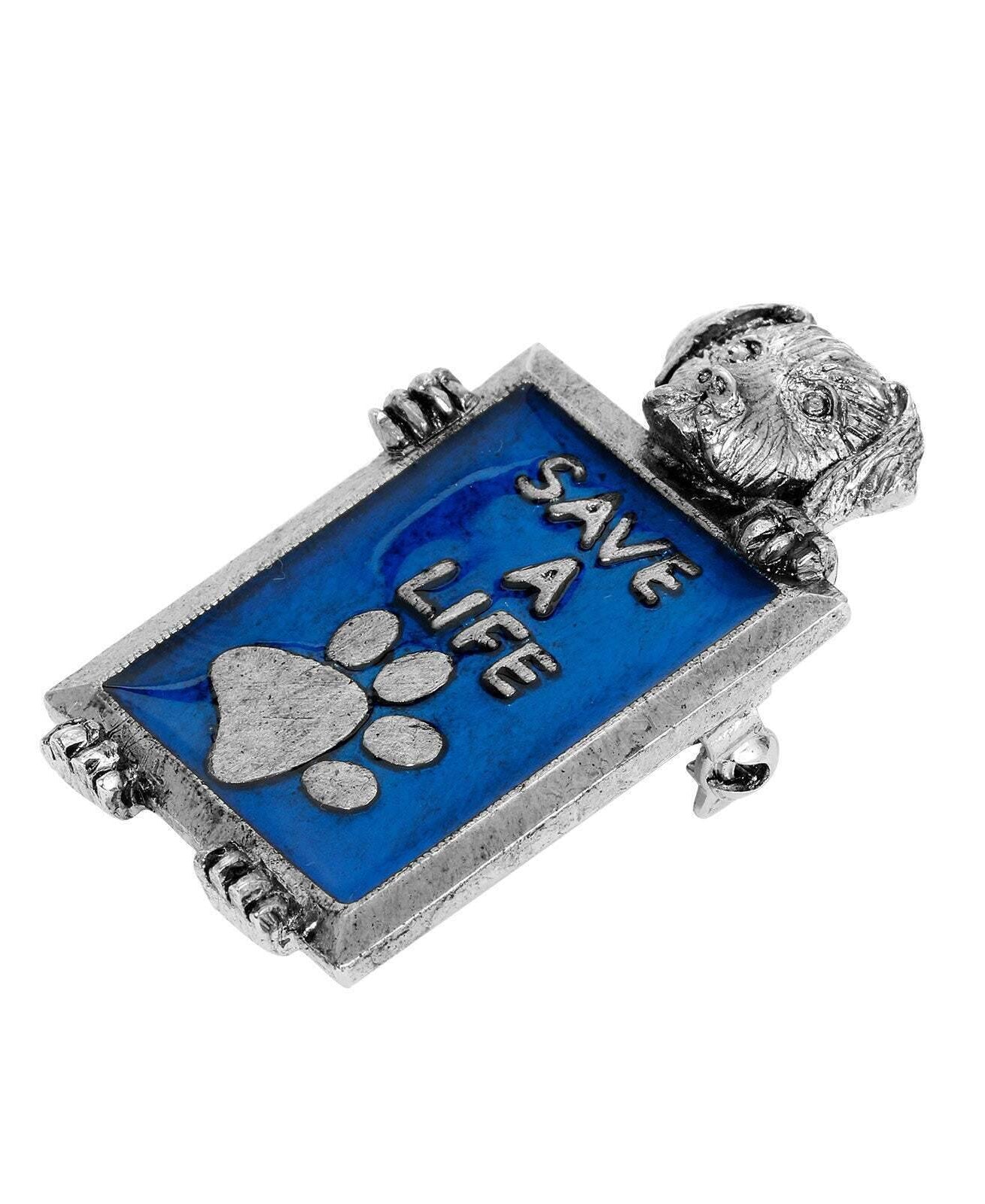 1928 Jewelry Pewter Dog Blue Enamel Save A Life Pin